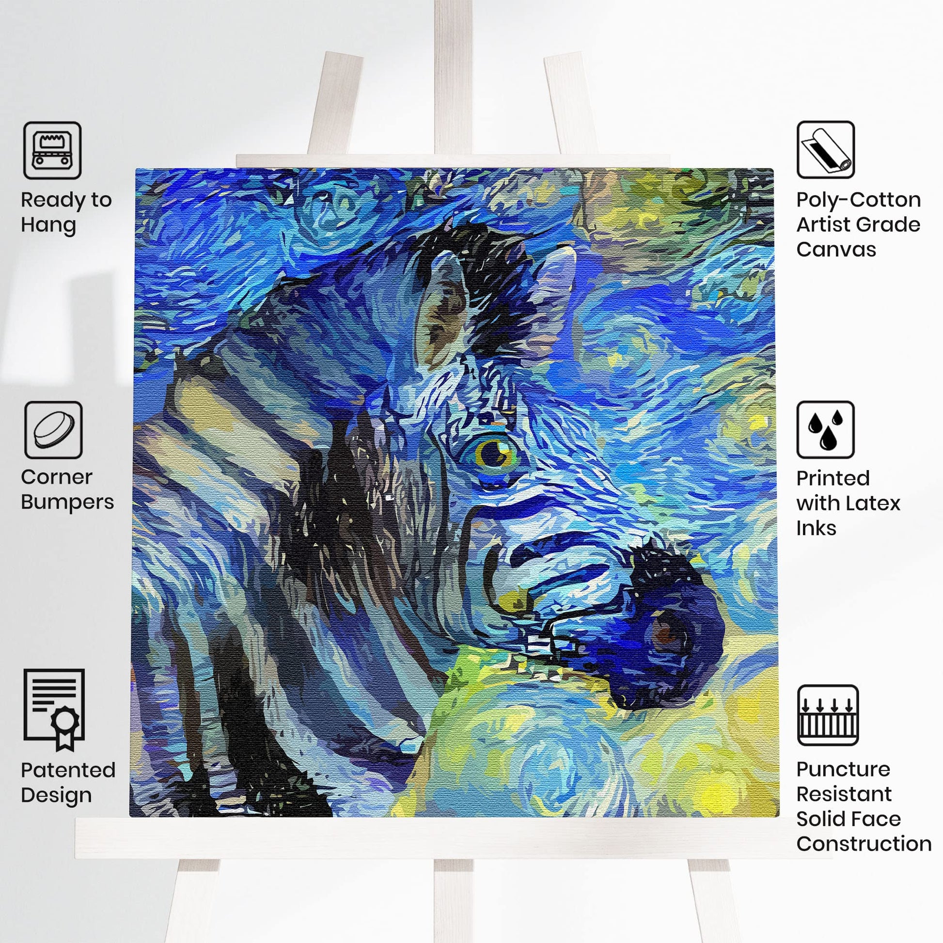 Abstract blue zebra portrait with swirling blue, yellow, and green starry background printed on artist-grade canvas on easel showing product features and benefits.