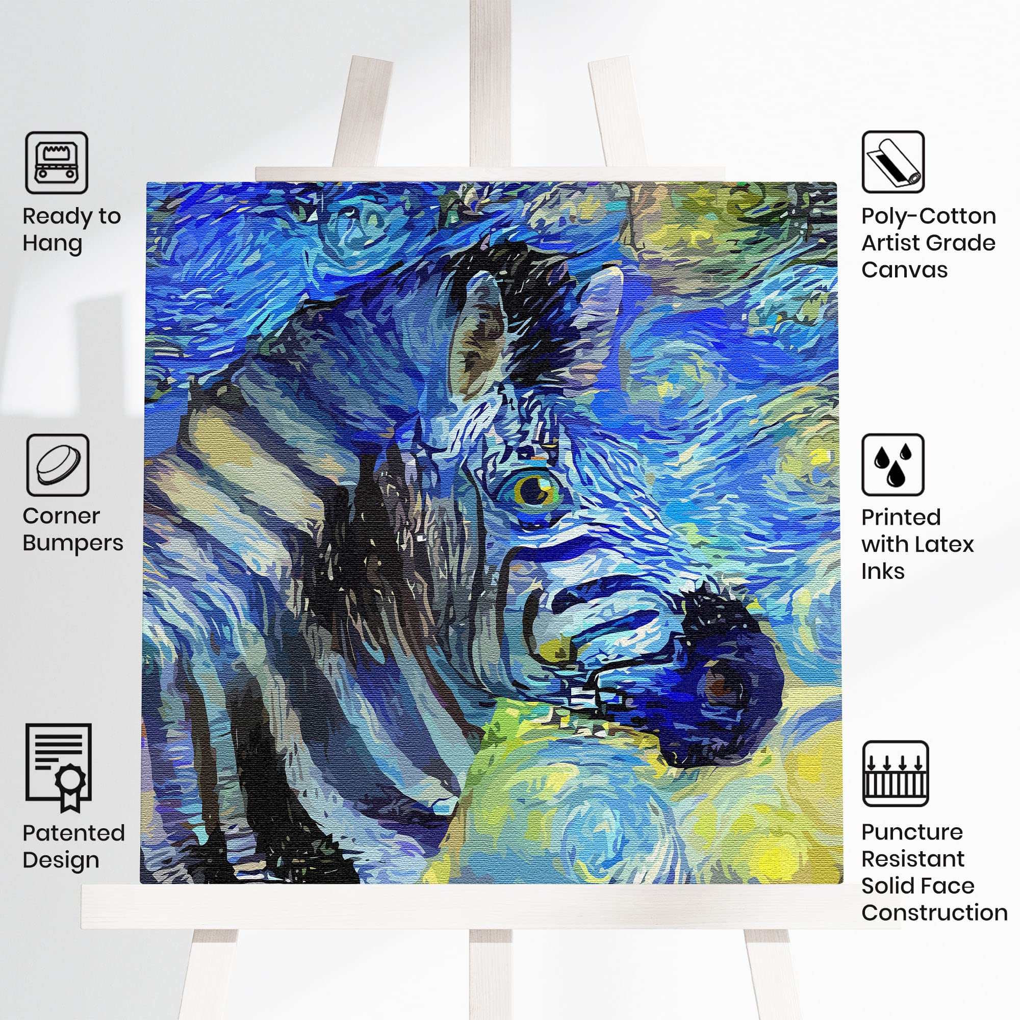 Abstract blue zebra portrait with swirling blue, yellow, and green starry background printed on artist-grade canvas on easel showing product features and benefits.