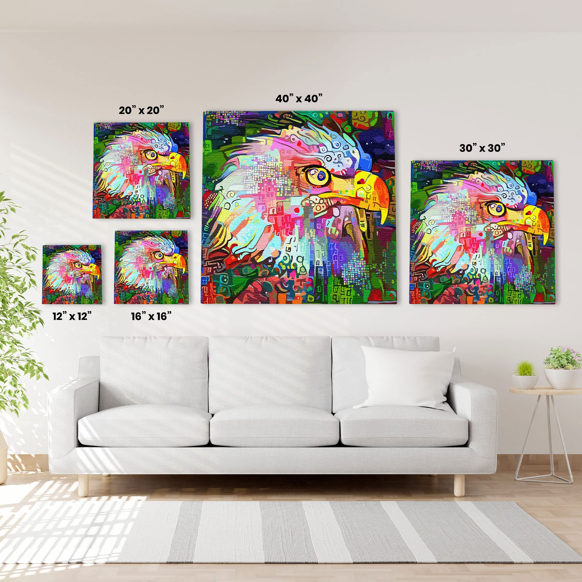 Colorful abstract eagle head wall art with vibrant geometric and digital patterns in various canvas sizes above white sofa
