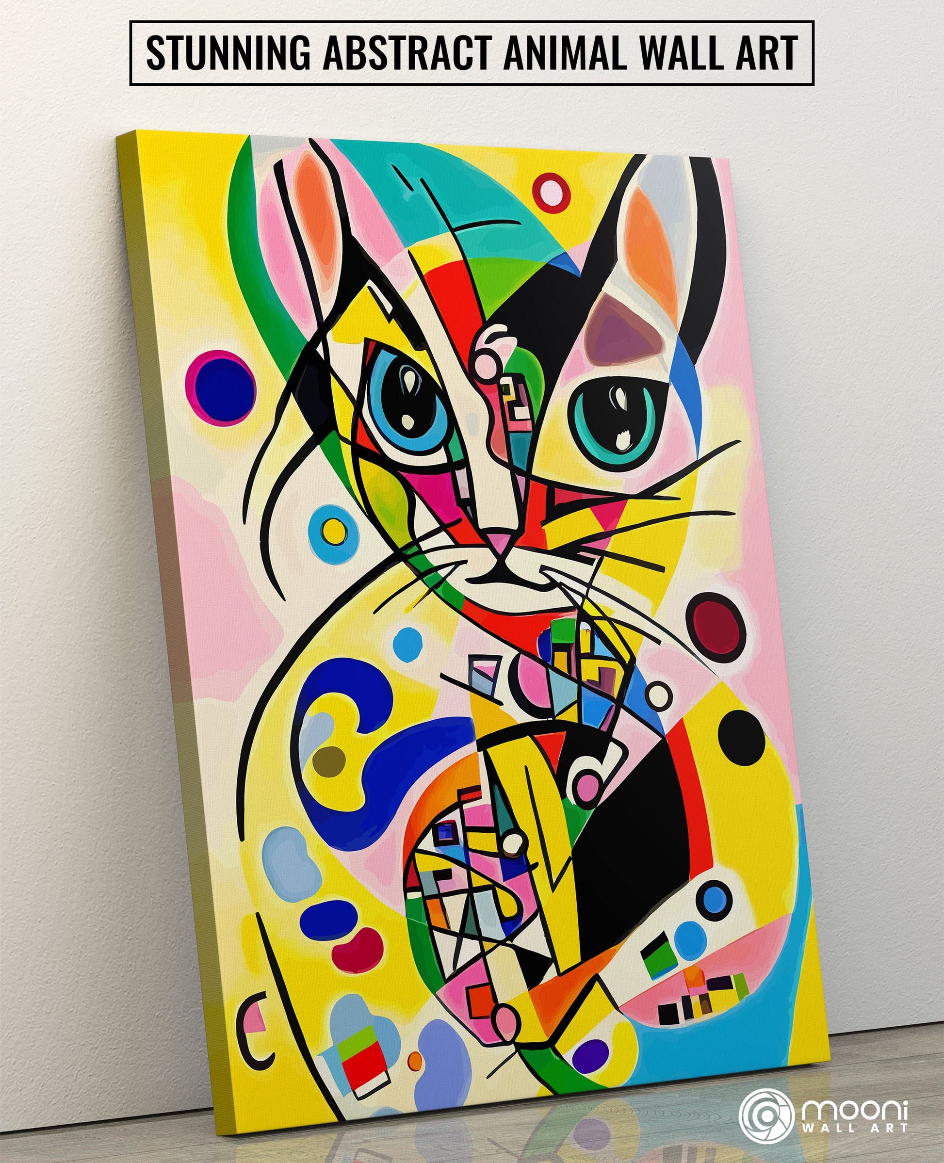Colorful funky abstract cat wall art with geometric shapes bold lines and bright blues yellows on modern canvas leaning against wall