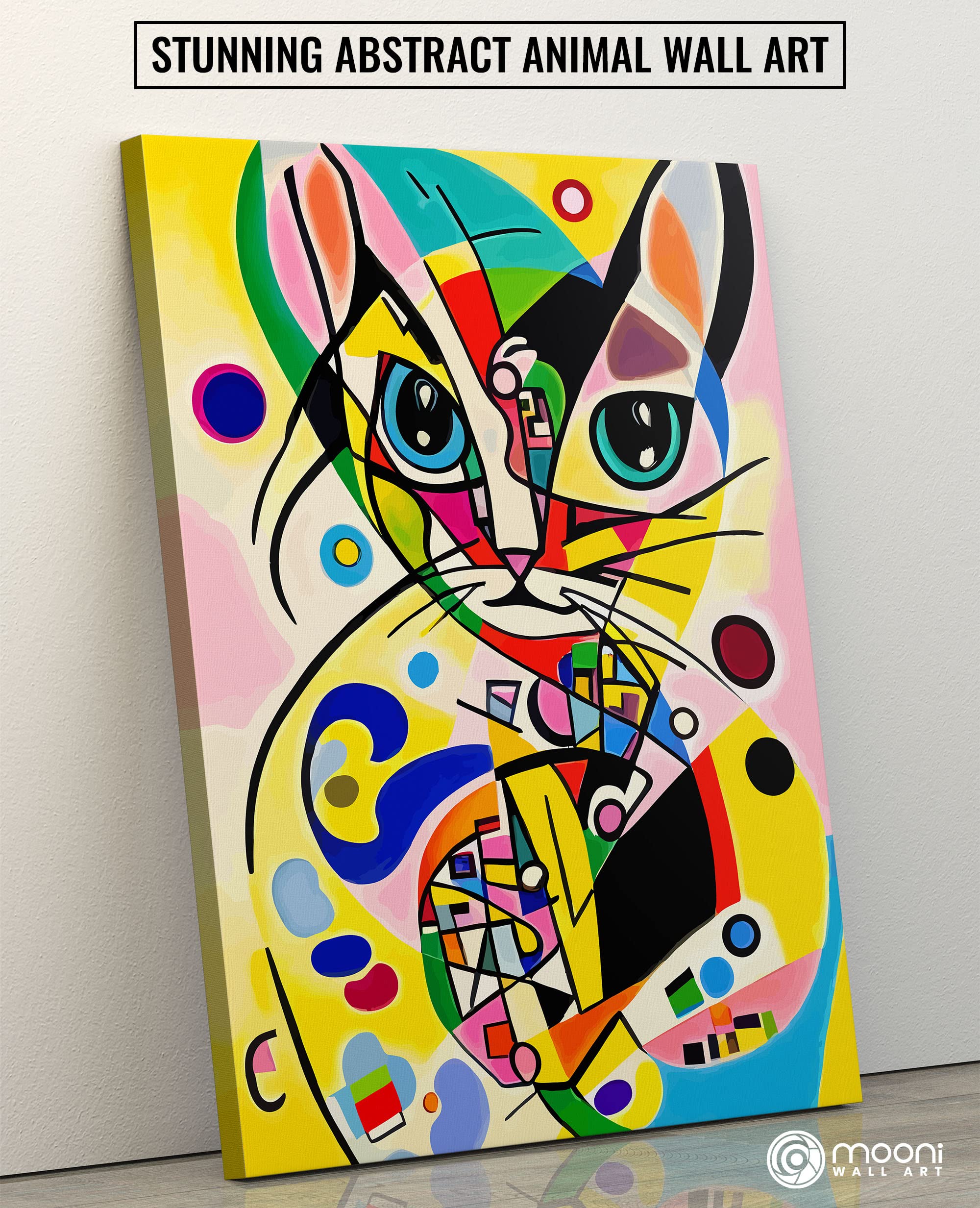 Colorful funky abstract cat wall art with geometric shapes bold lines and bright blues yellows on modern canvas leaning against wall