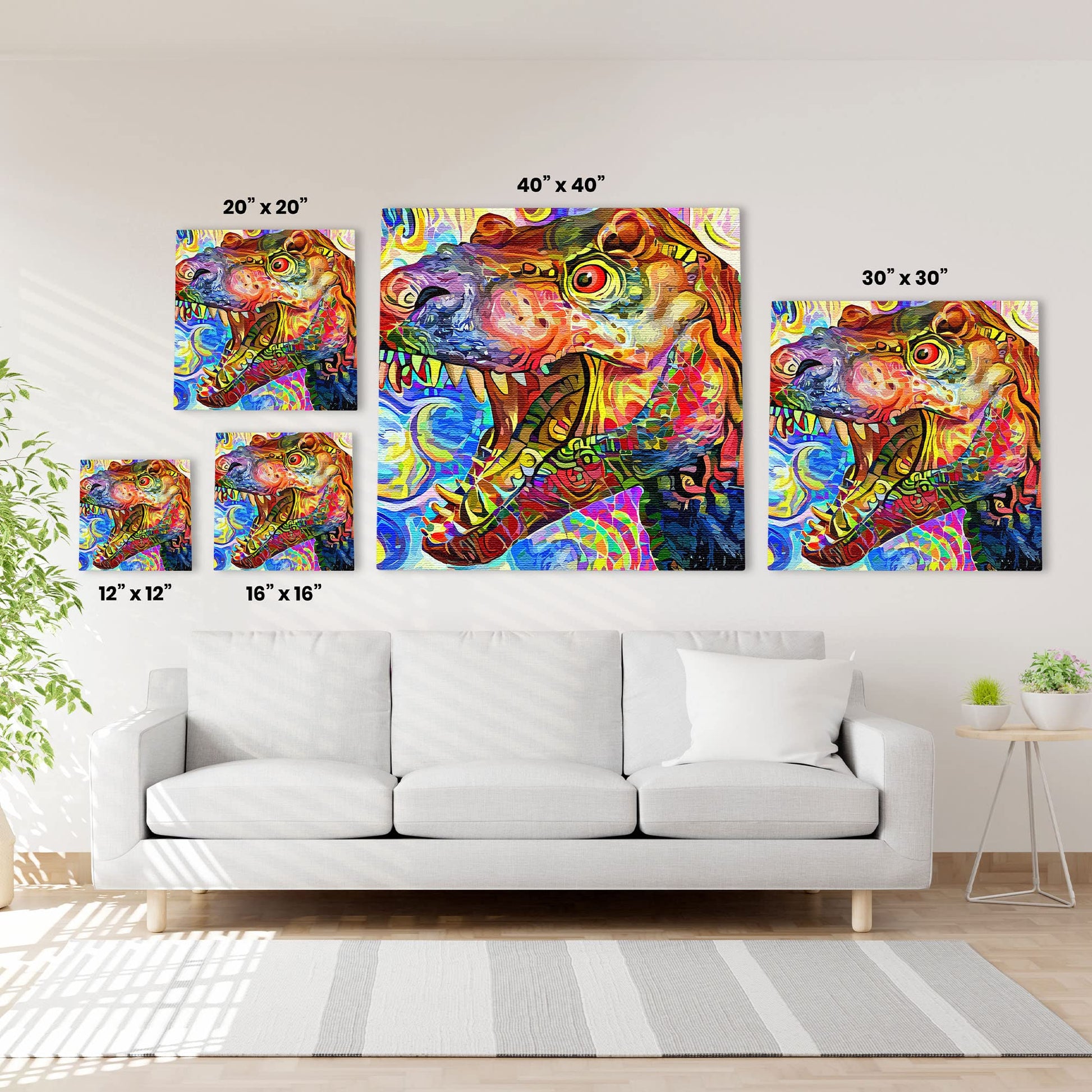 Vibrant colorful abstract T-Rex dinosaur wall art with bold swirling geometric patterns on square canvas above white sofa