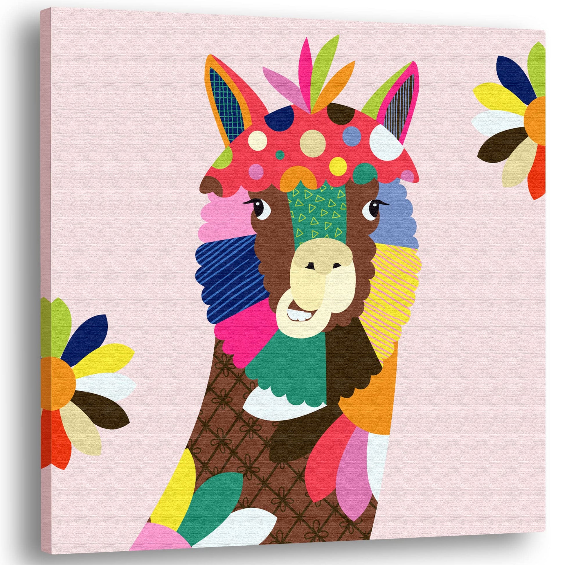 Colorful abstract alpaca nursery wall art with vibrant pinks, greens, blues, yellows, and oranges in geometric and floral patterns