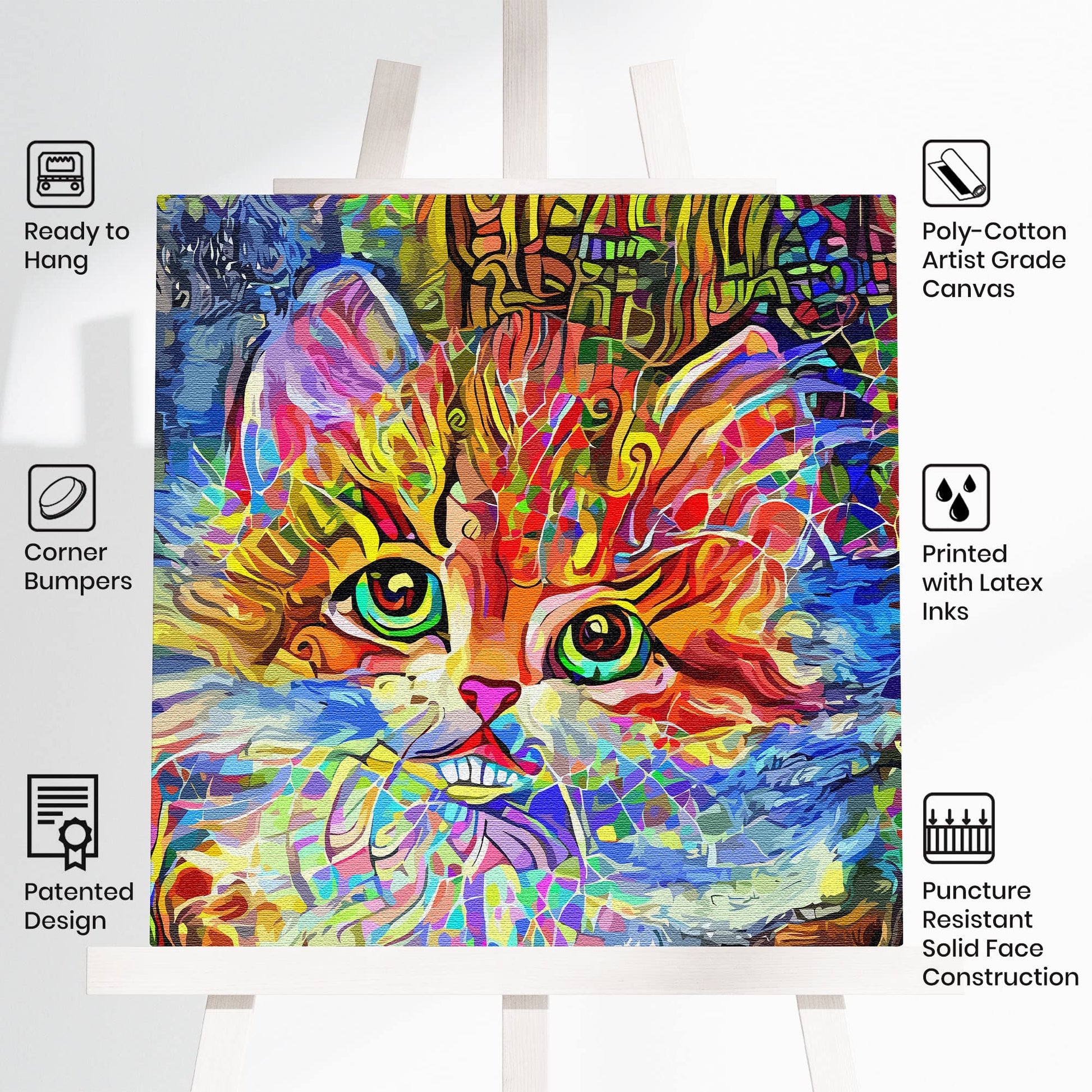 Vibrant colorful cat wall art with bright multicolor abstract patterns and large vivid green eyes on square canvas on easel