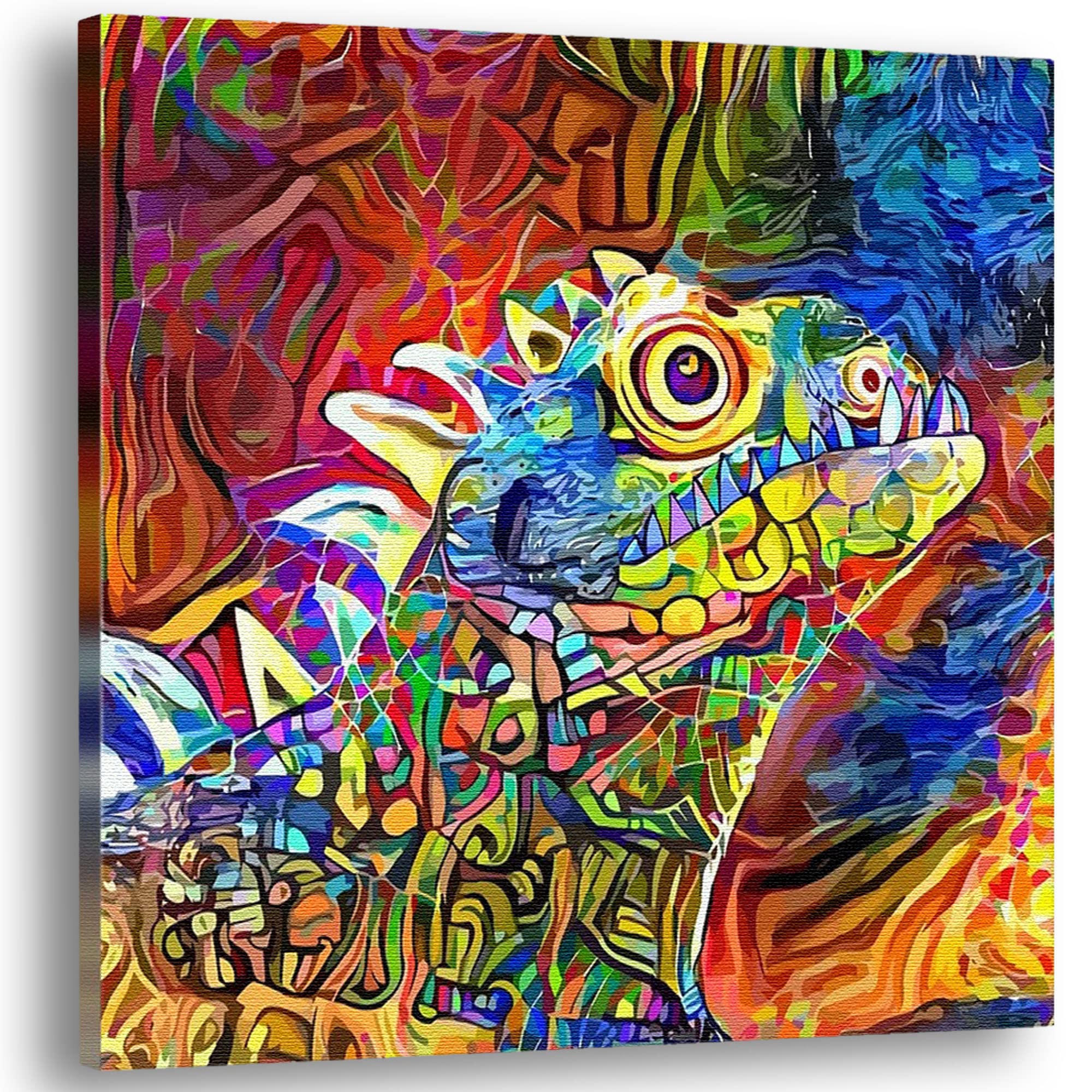 Colorful iguana wall art print with vibrant abstract geometric patterns on textured canvas in vivid modern decor setting