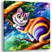 Colorful Cheshire cat wall art with bright orange, purple, and white stripes perched on tree branch against vibrant green and blue background