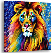 Colorful wise old lion artwork on square canvas with vibrant blues, yellows, and reds displayed against white background