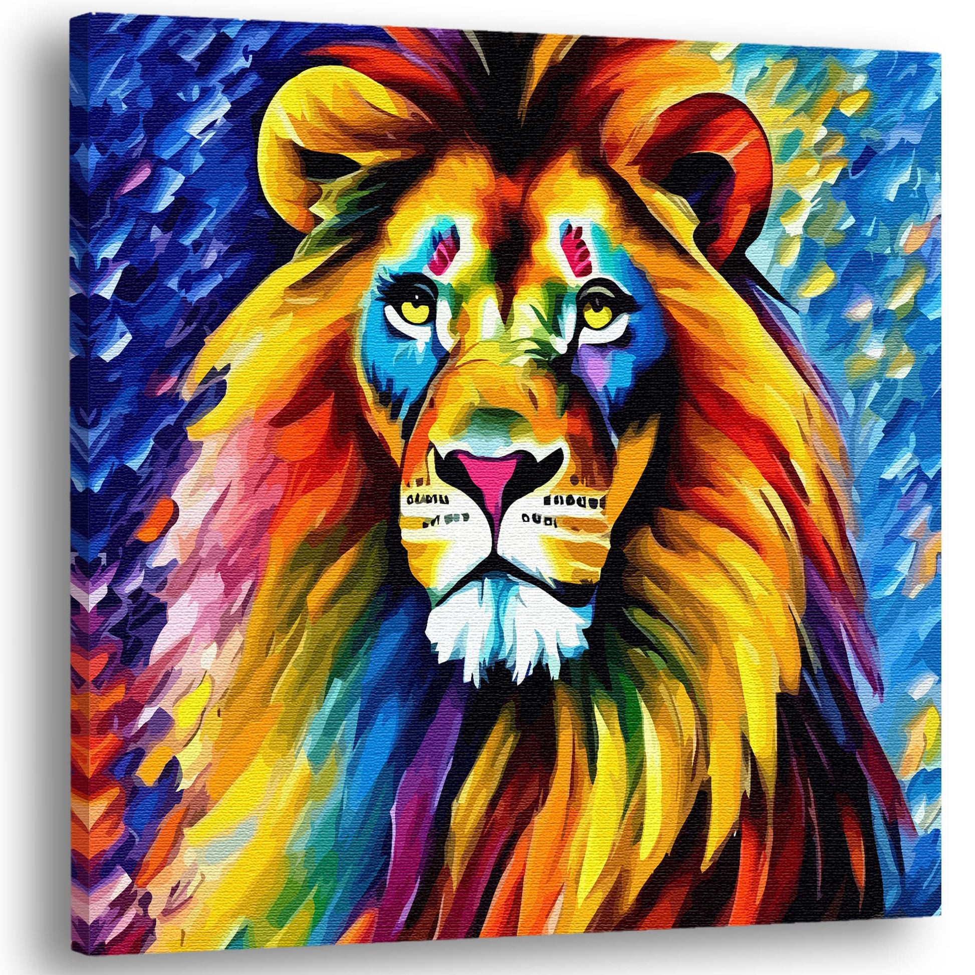Colorful wise old lion artwork on square canvas with vibrant blues, yellows, and reds displayed against white background