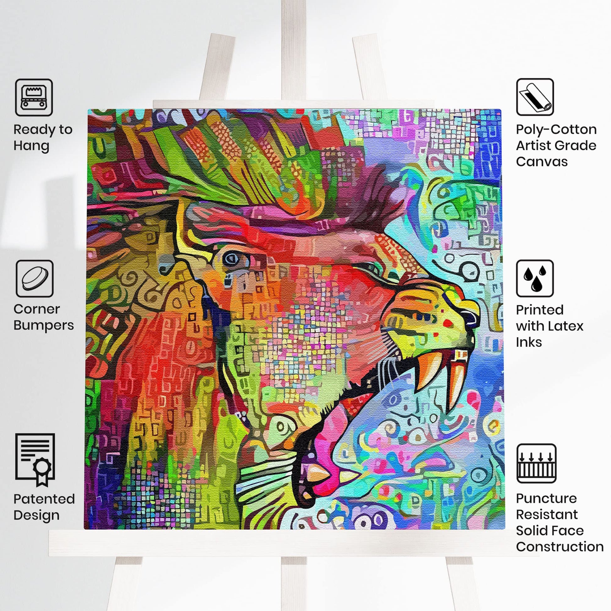 Colorful abstract roaring lion artwork on square canvas displayed on white background with product feature icons