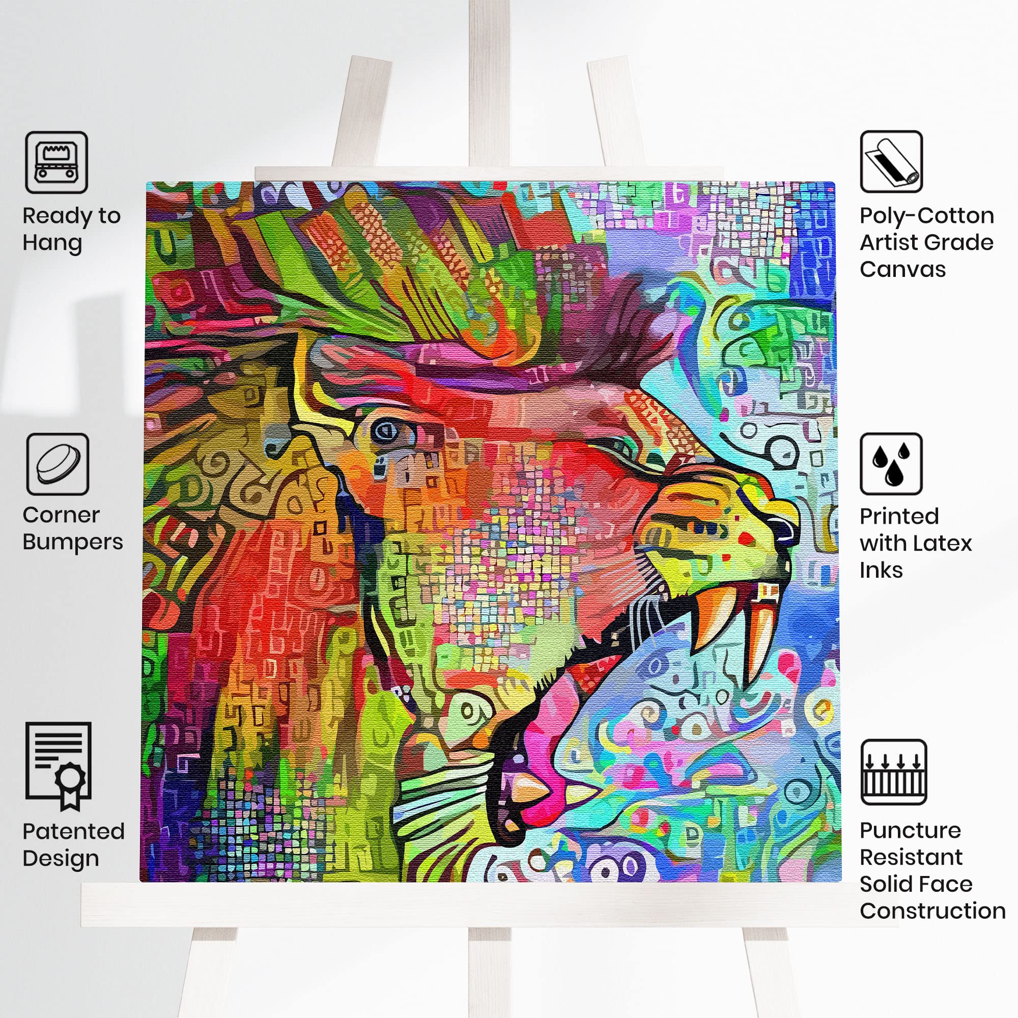 Colorful abstract roaring lion artwork on square canvas displayed on white background with product feature icons