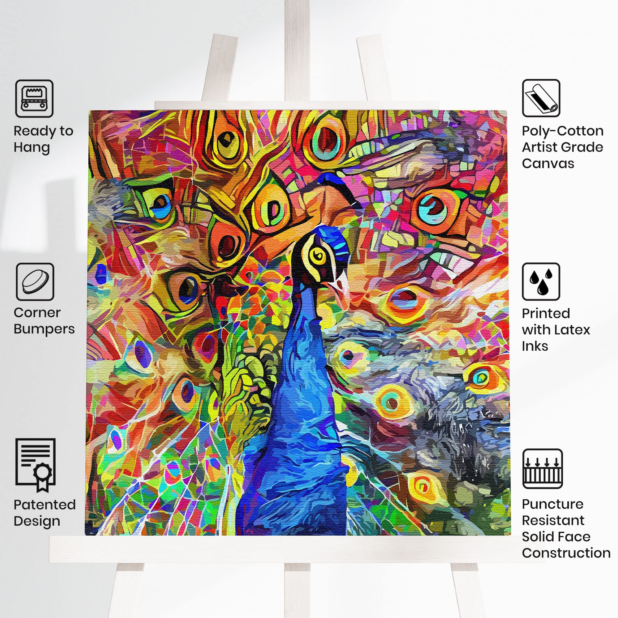 Vibrant abstract peacock with colorful geometric and swirling patterns on square canvas wall art on easel