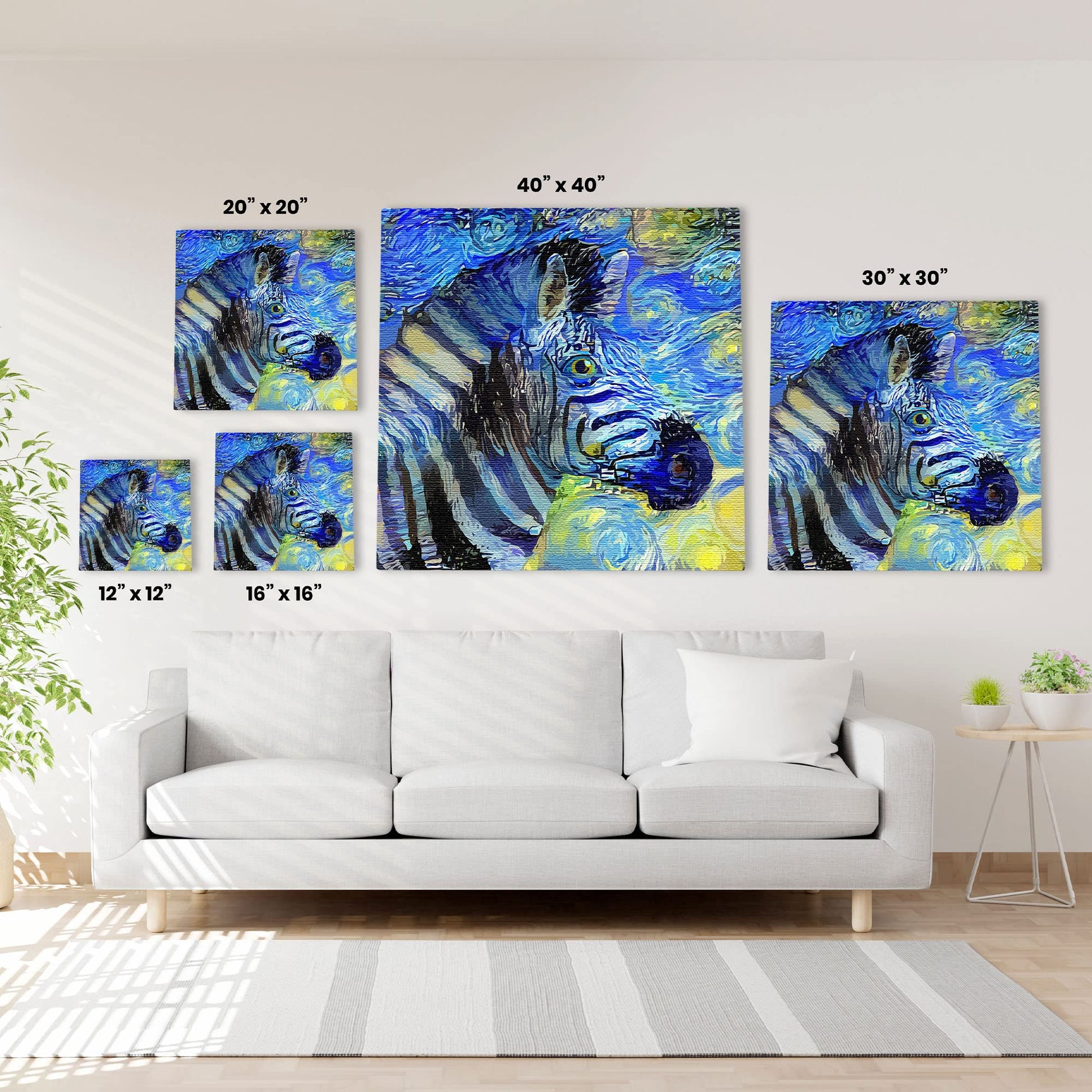 Abstract zebra portrait with swirling blue and yellow starry night style background printed on various sized canvases above white sofa