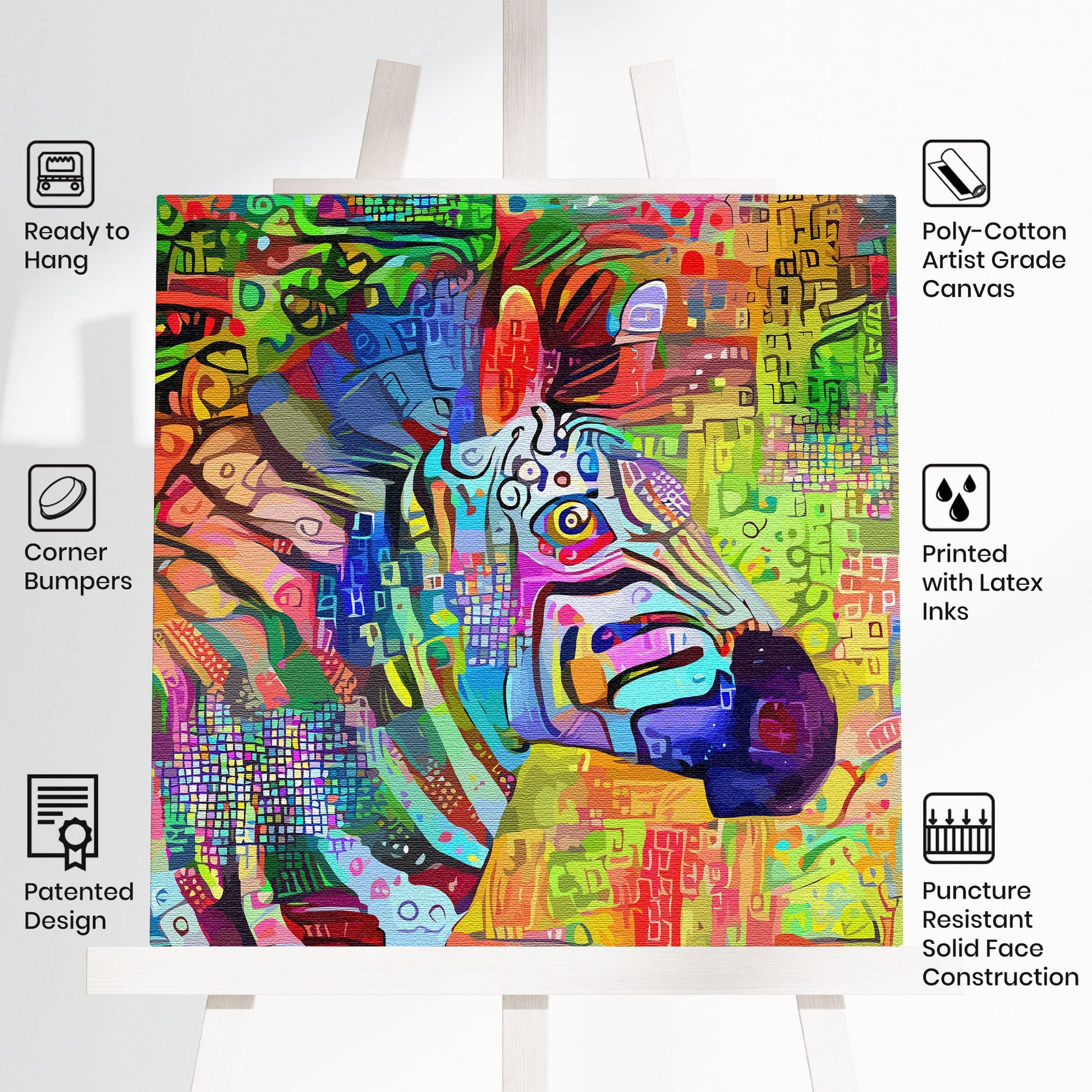 Colorful abstract zebra portrait with bold multicolor patterns printed on canvas displayed on easel with icons