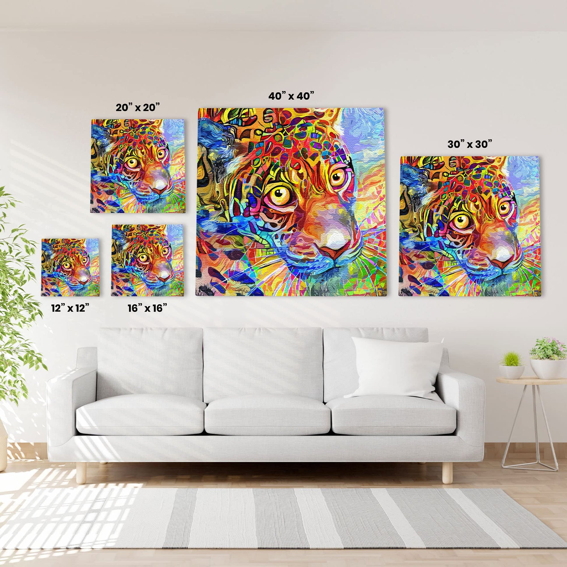 Abstract leopard face canvas wall art with vivid colorful geometric patterns displayed above white sofa in modern living room