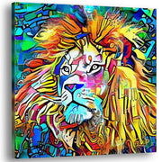 Vibrant colorful abstract majestic king of the jungle lion artwork on square canvas with intricate patterns and bold lines