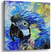 Blue macaw parrot with vibrant textured brush strokes on square canvas wall art with abstract colorful background