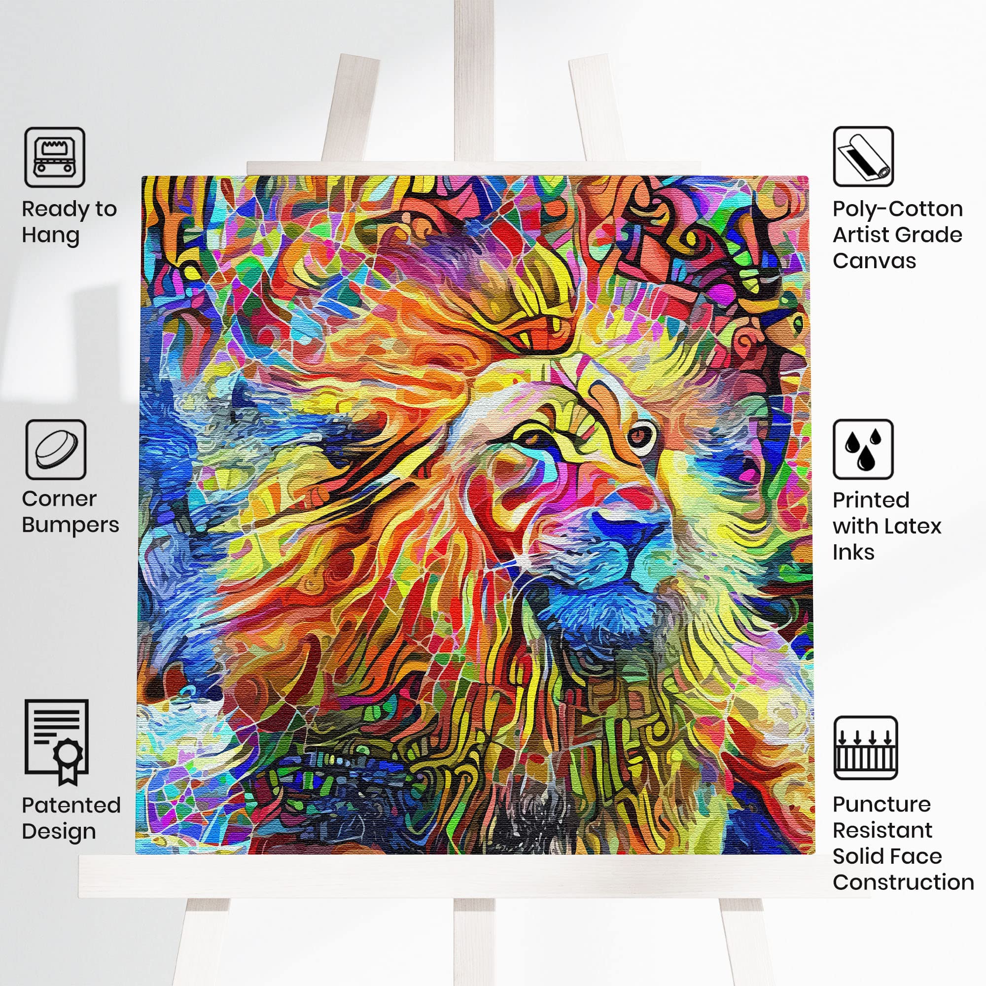 Abstract colorful lion artwork on square canvas displayed on white wall with artist tools and product icons