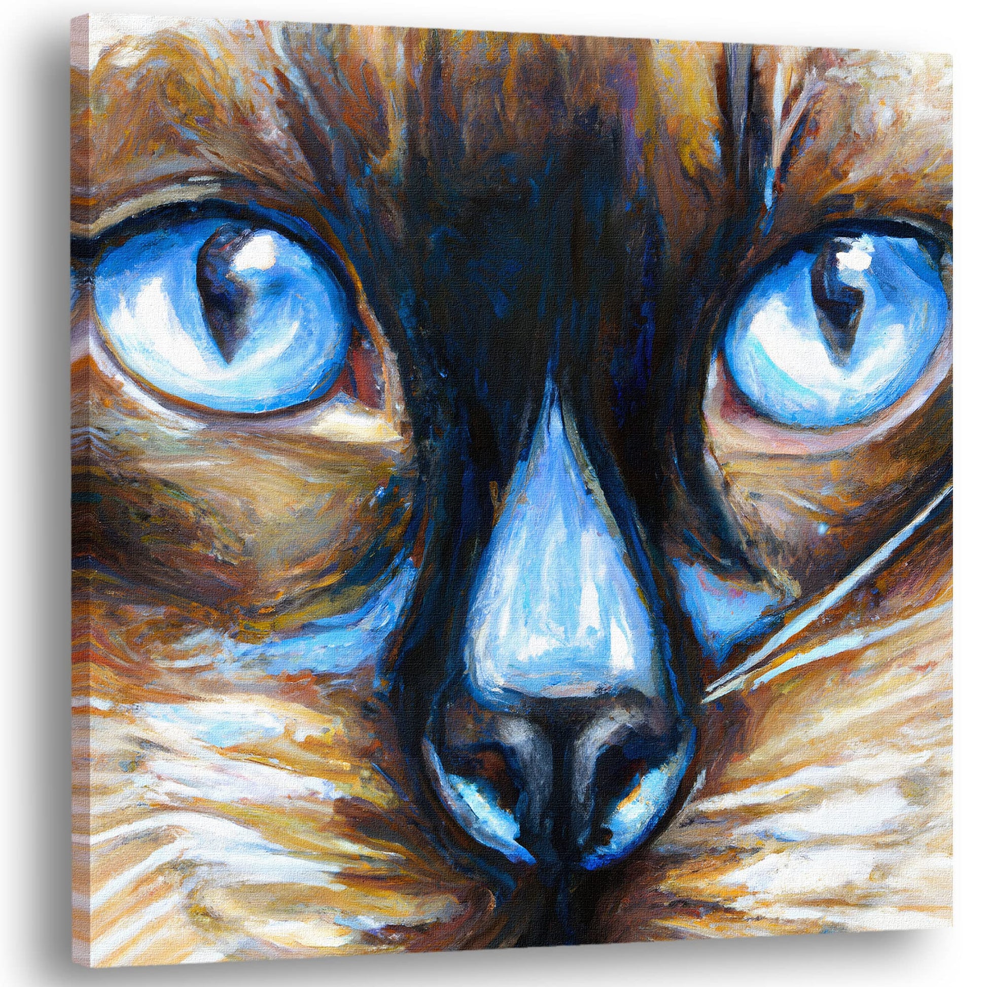 Close-up Siamese cat wall art drawing with intense bright blue eyes and detailed textured brush strokes on square canvas
