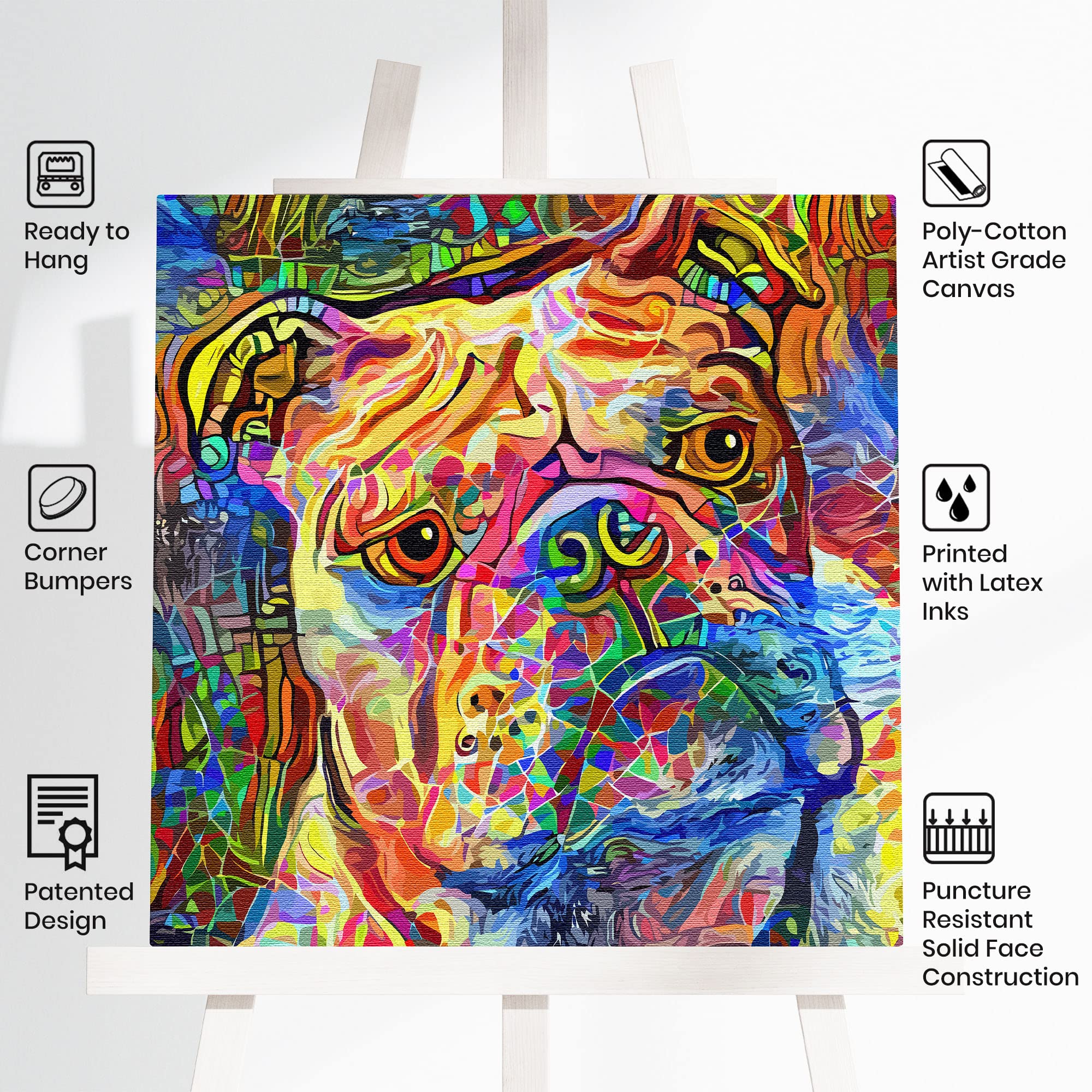 Abstract English Bulldog art with vibrant multicolor brush strokes on square canvas displayed on easel with product icons