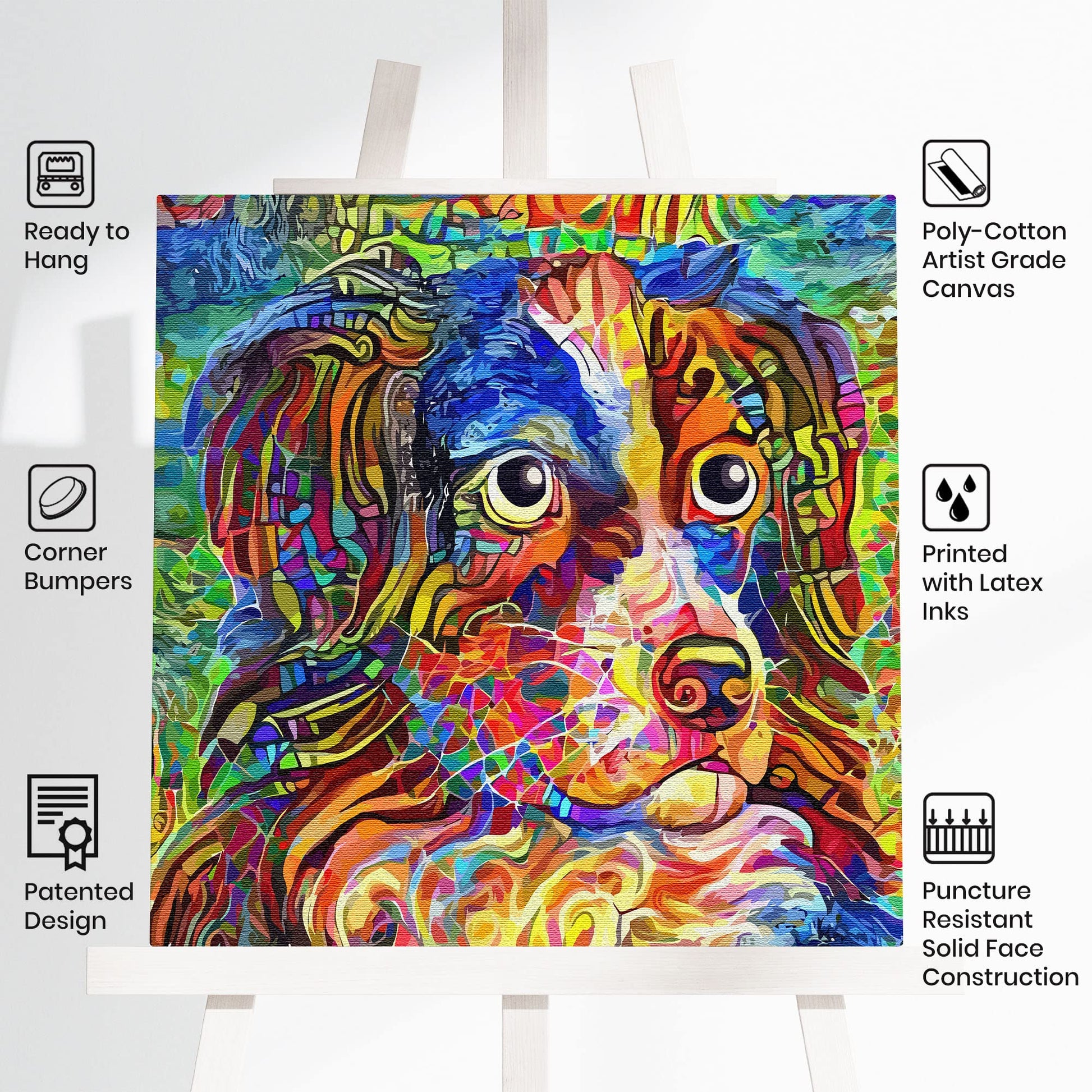 Colorful abstract Border Collie dog art with vibrant multicolor brush strokes on artist-grade canvas ready to hang