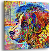 Colorful abstract Newfoundland dog art with vibrant multicolor mosaic patterns on square canvas in bright vivid detail