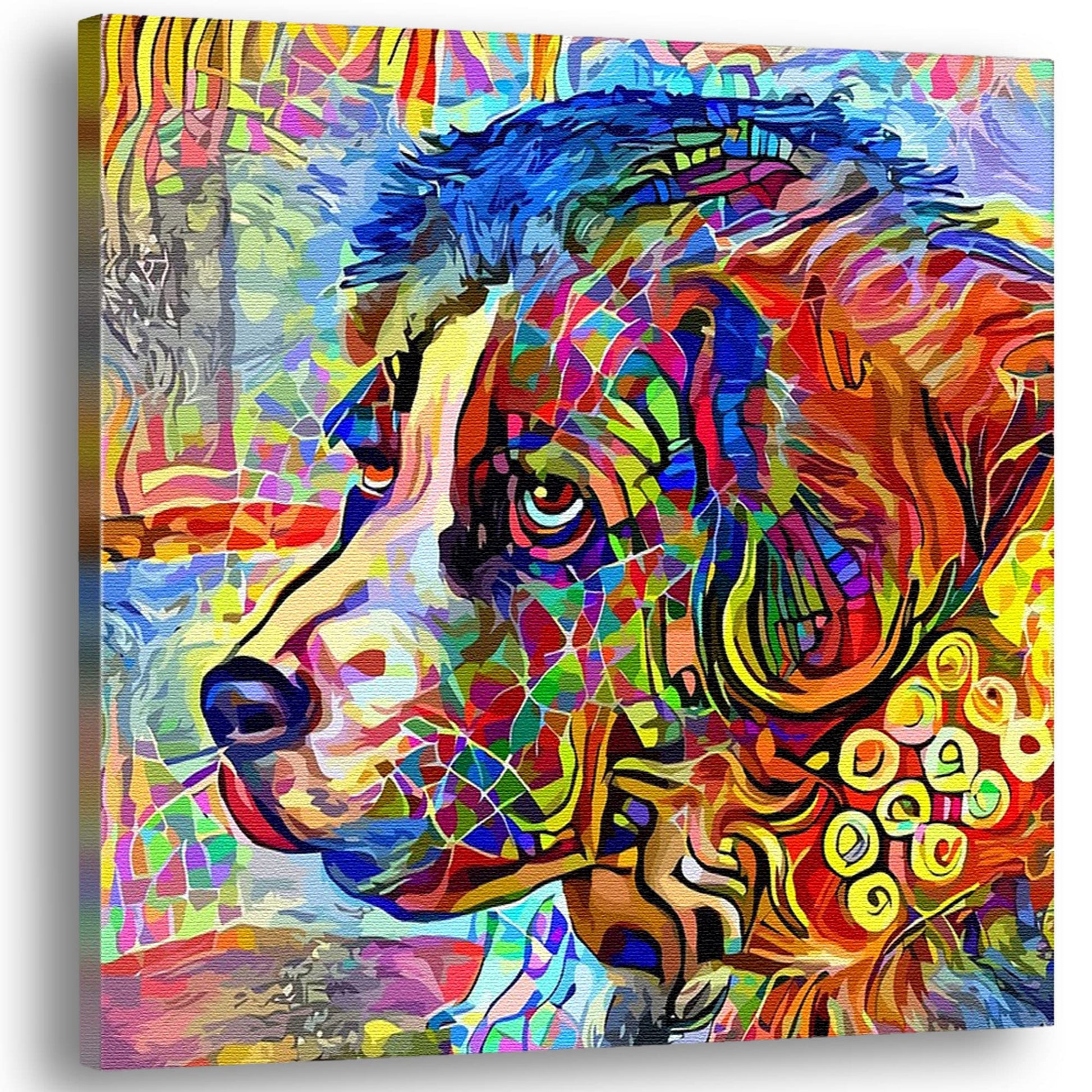 Colorful abstract Newfoundland dog art with vibrant multicolor mosaic patterns on square canvas in bright vivid detail
