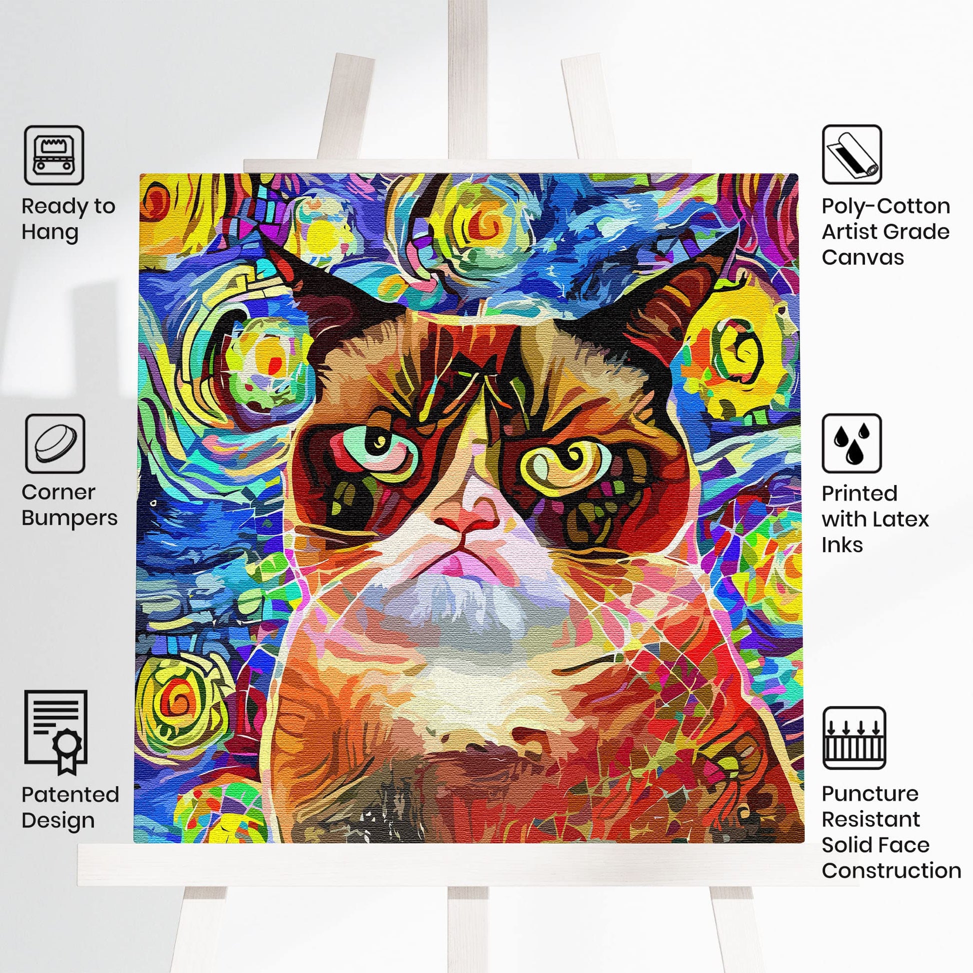 Abstract cat wall art featuring a grumpy cat with brown and cream tones against a vibrant swirling blue and yellow background