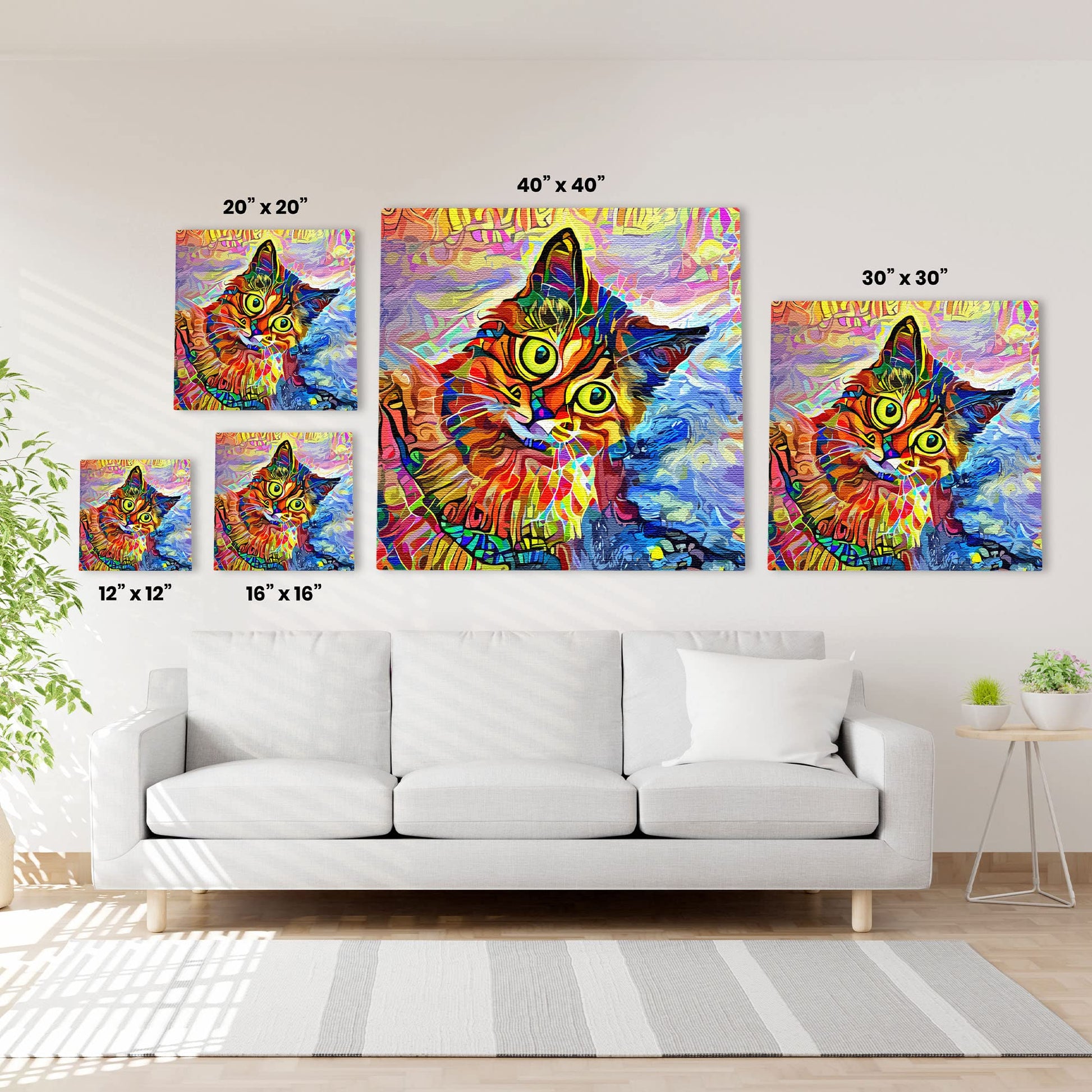 Abstract colorful cat wall art with vibrant yellows, blues, reds, and pinks in dynamic fluid painterly style on canvas