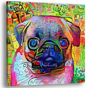 Colorful abstract Pug dog art with vibrant multicolor geometric and mosaic patterns on square canvas in bright detail