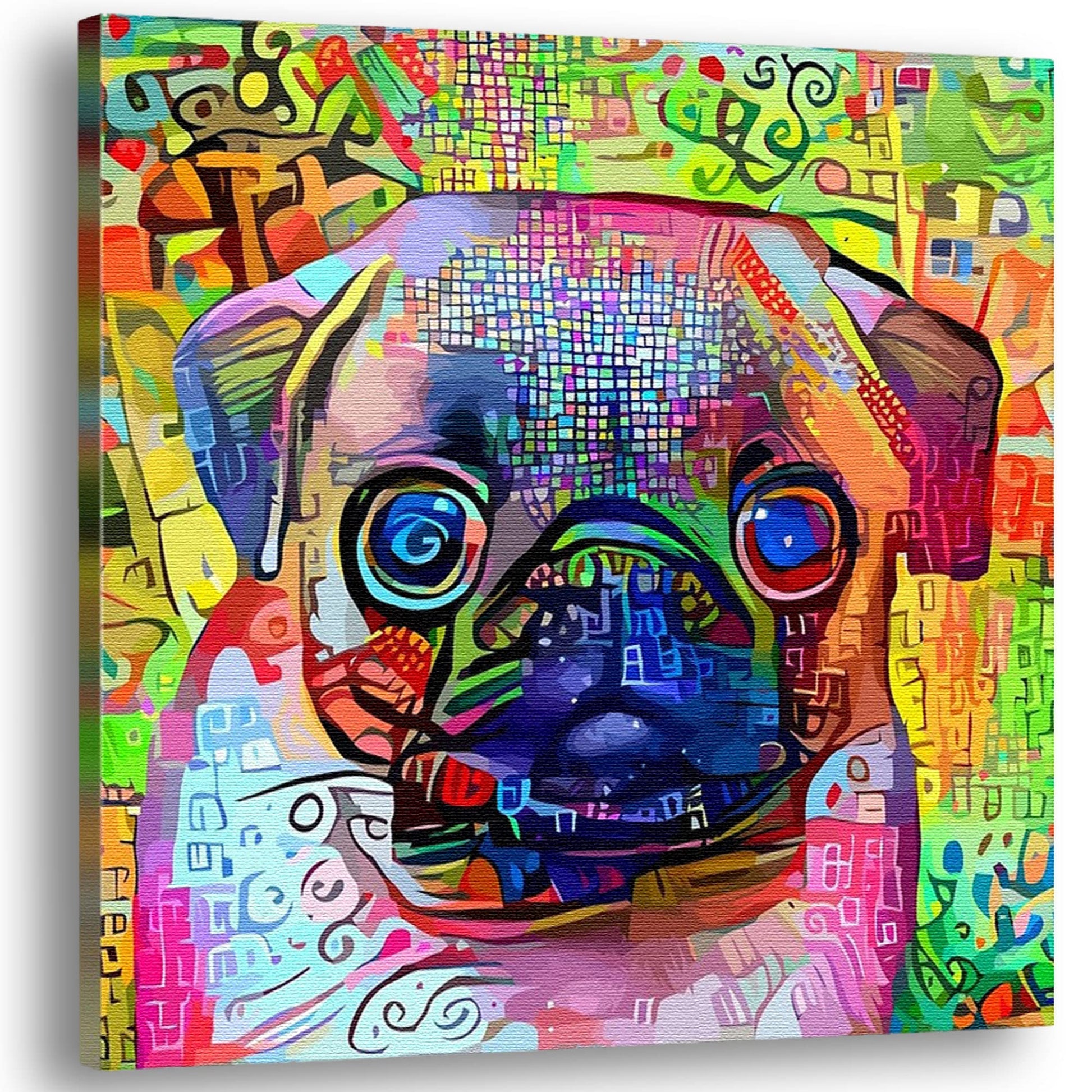 Colorful abstract Pug dog art with vibrant multicolor geometric and mosaic patterns on square canvas in bright detail
