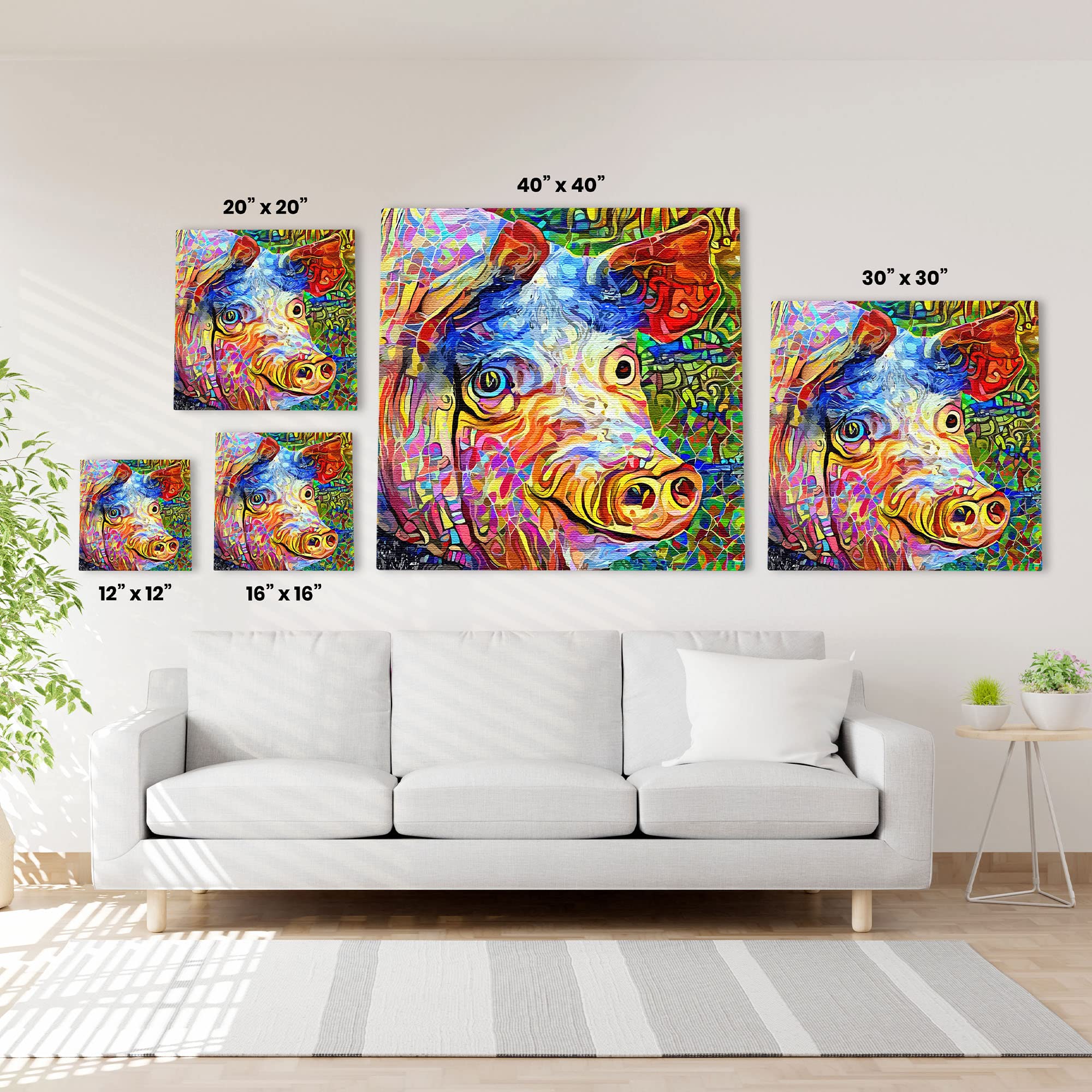 Funny abstract pig with vibrant geometric and swirling colorful digital patterns on multi-size square canvas wall art above white sofa