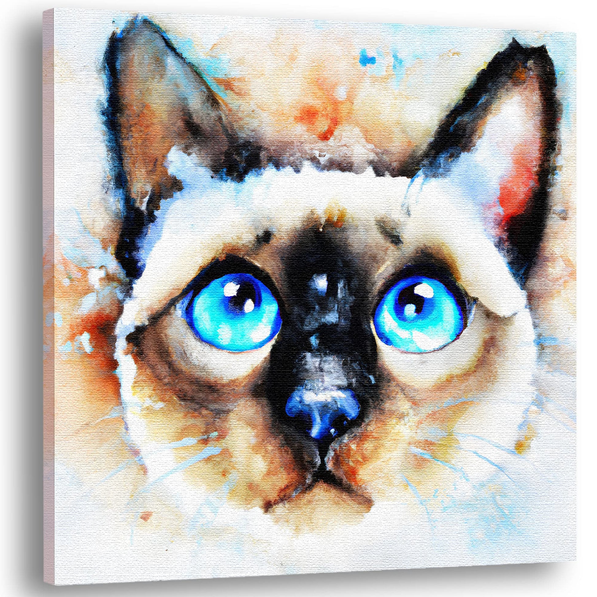 Abstract watercolor Siamese cat wall art featuring vivid bright blue eyes with soft cream, brown, and black tones on a white background