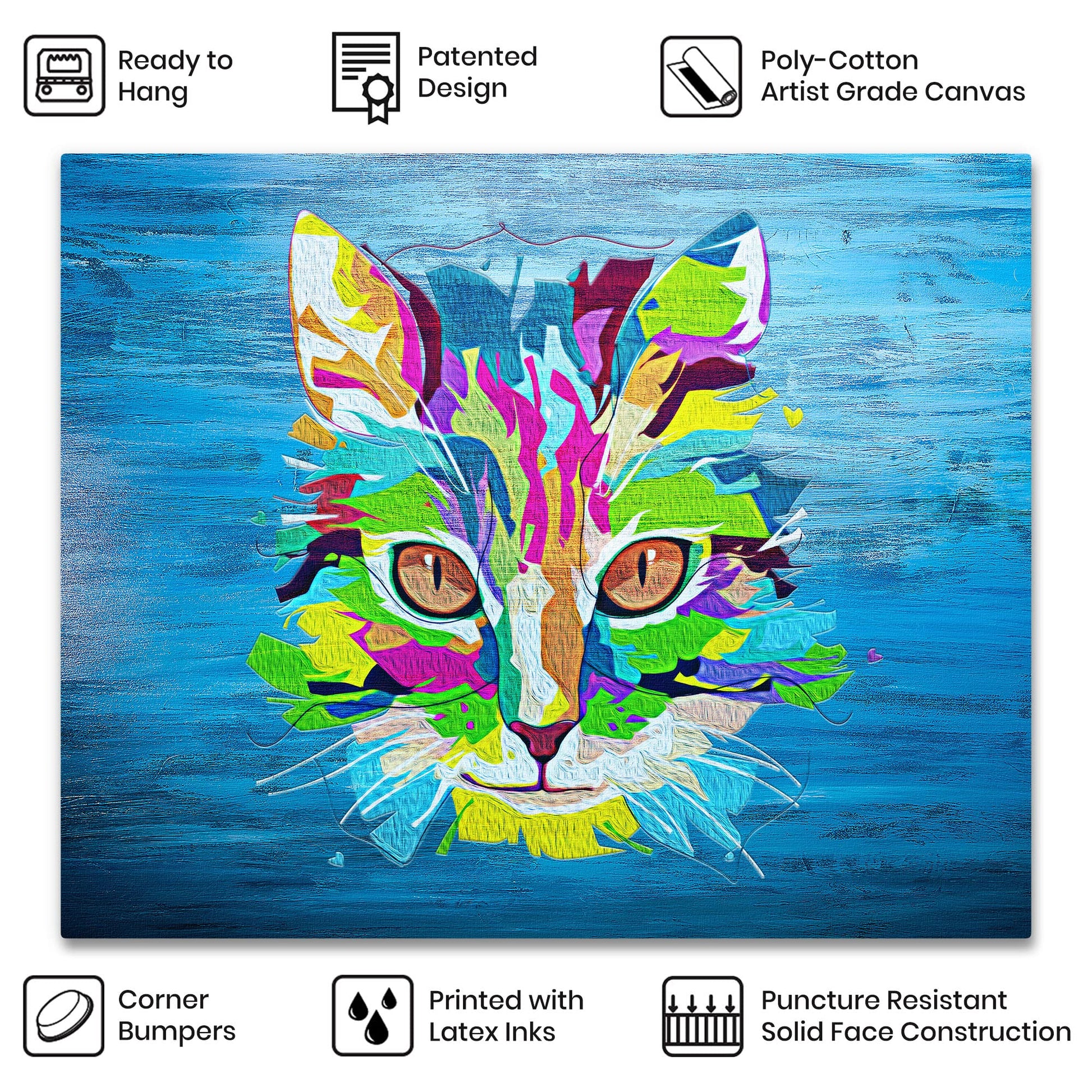 Colorful blue pop art cat wall art with vibrant multi-colored geometric shapes and bold lines on textured canvas background