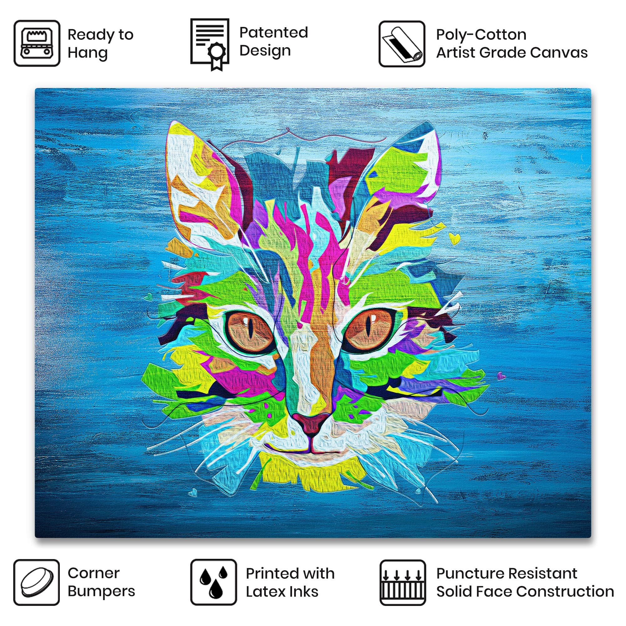 Colorful blue pop art cat wall art with vibrant multi-colored geometric shapes and bold lines on textured canvas background