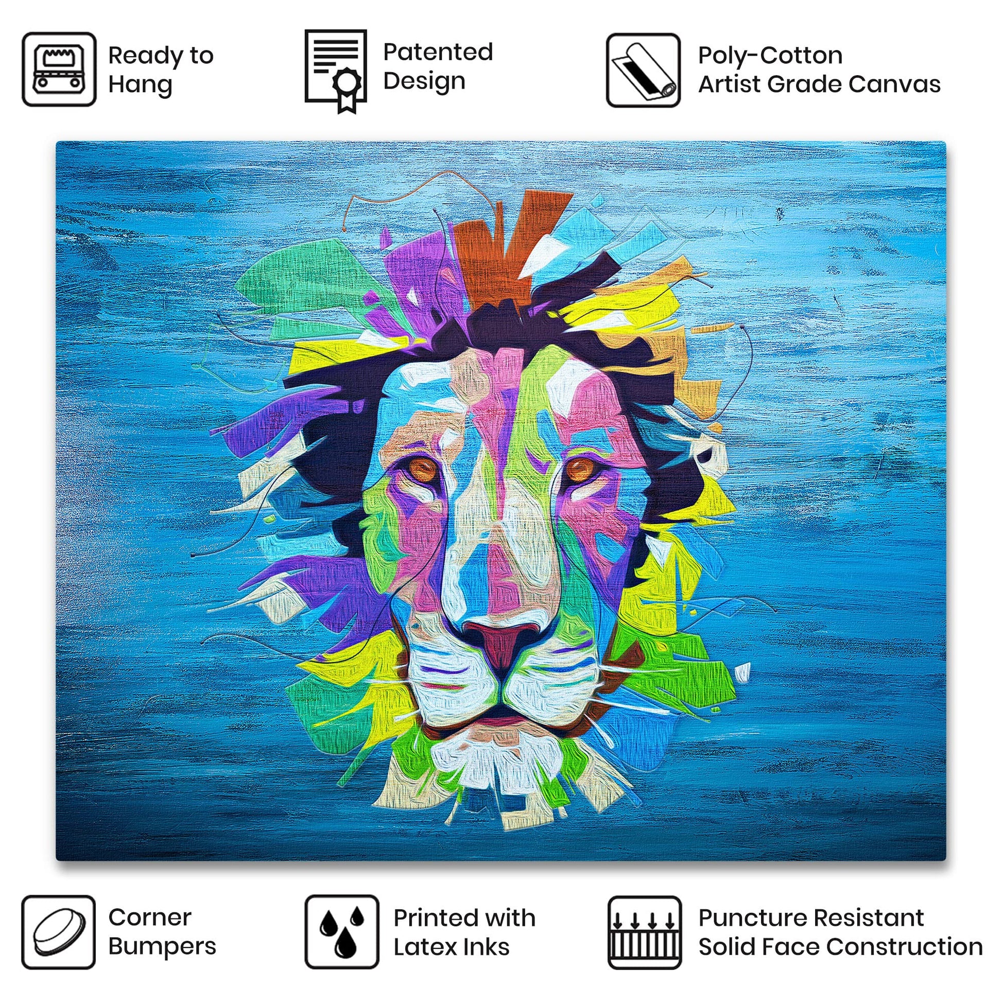 Colorful pop art lion face artwork on blue textured canvas with vibrant abstract shapes displayed ready to hang