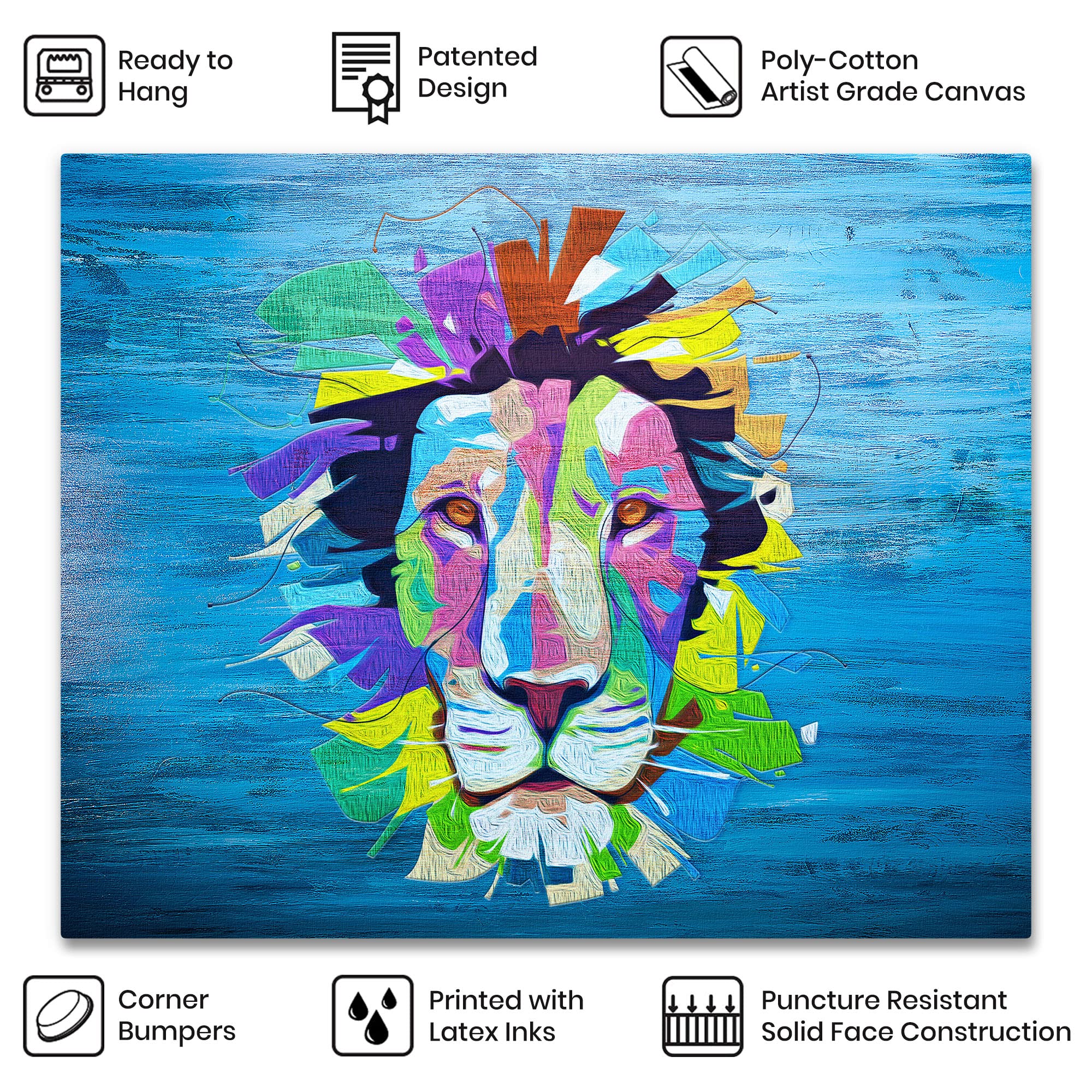 Colorful pop art lion face artwork on blue textured canvas with vibrant abstract shapes displayed ready to hang