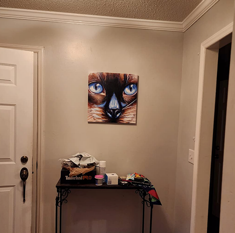 User generated photo of a Mooni Wall Art canvas art piece showing a siamese cat’s face with blue eyes hanging above a small table with assorted items in a hallway.