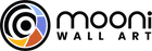 Mooni Wall Art abstract circular logo with blue, purple, orange, and yellow segments next to the text "mooni wall art" on a black background