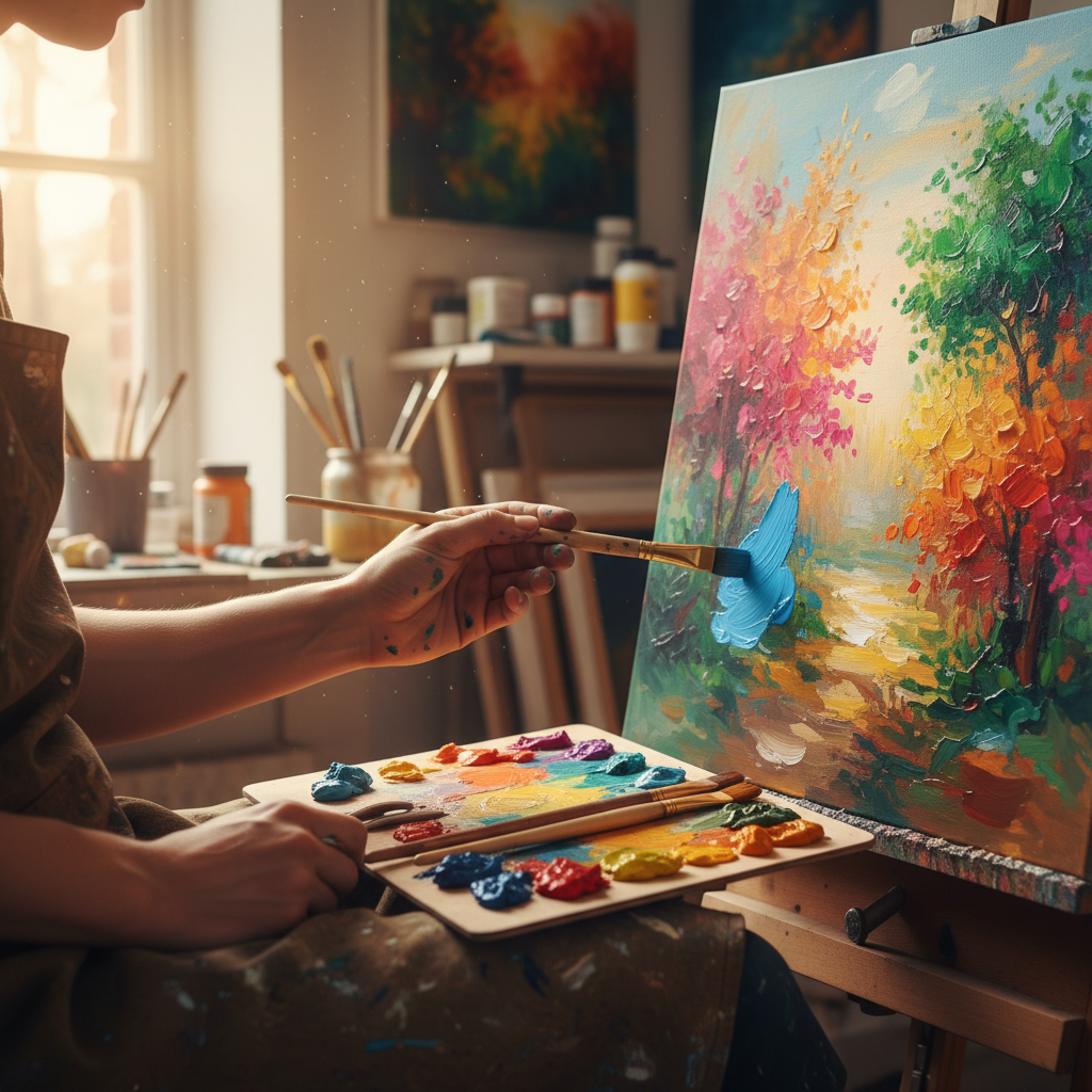 Person painting a colorful landscape with palette, brushes, and jars in a softly lit art studio by a window