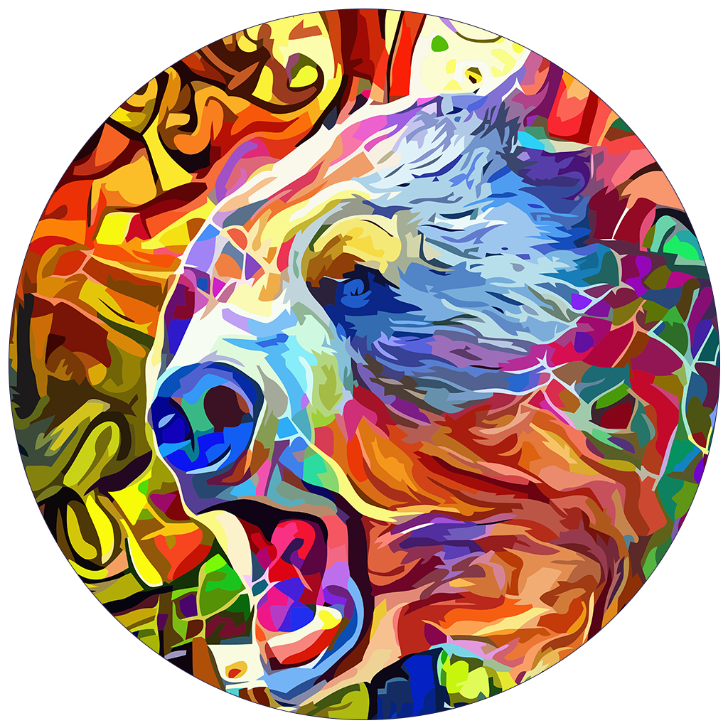 Colorful abstract digital painting of a roaring bear head with vibrant multicolored brushstrokes in a circle frame