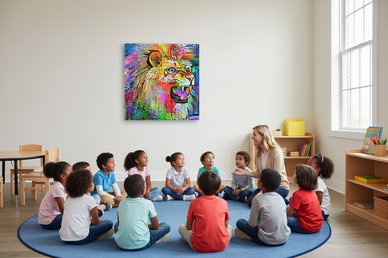 Diverse group of children sitting in a circle on a blue rug with a teacher in a bright classroom with colorful lion painting.