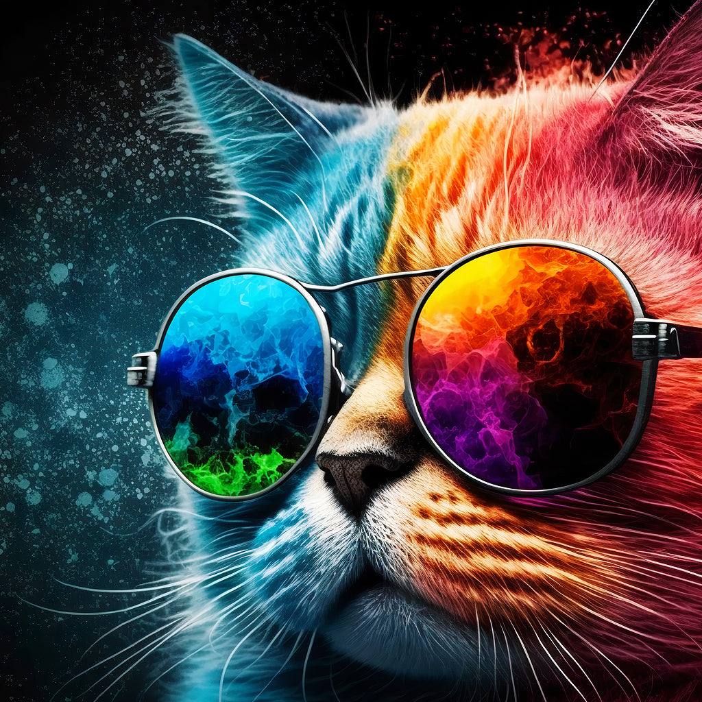 Close-up of a cat wearing round sunglasses reflecting blue and orange colorful smoke or clouds.