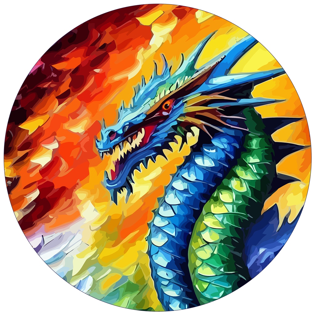 Colorful digital painting of a fierce fire-breathing Chinese dragon with blue and green scales against a fiery orange and yellow background