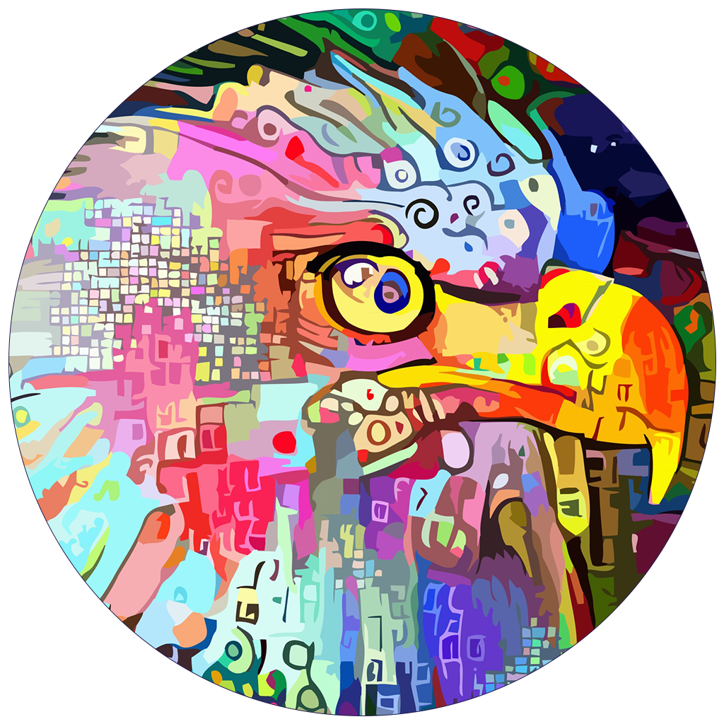 Abstract colorful digital art of an American eagle’s head inside a circular frame with geometric patterns and shapes.