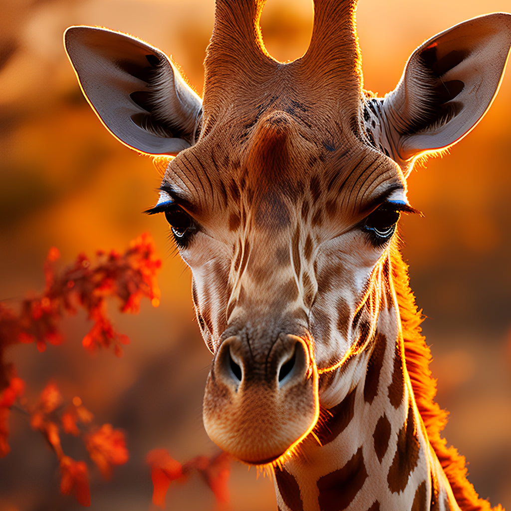 Close-up of a giraffe’s face with detailed fur patterns and large ears against a warm, blurred background.