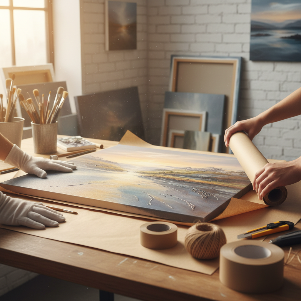 Two people carefully rolling a large landscape painting on a wooden table in an art studio.