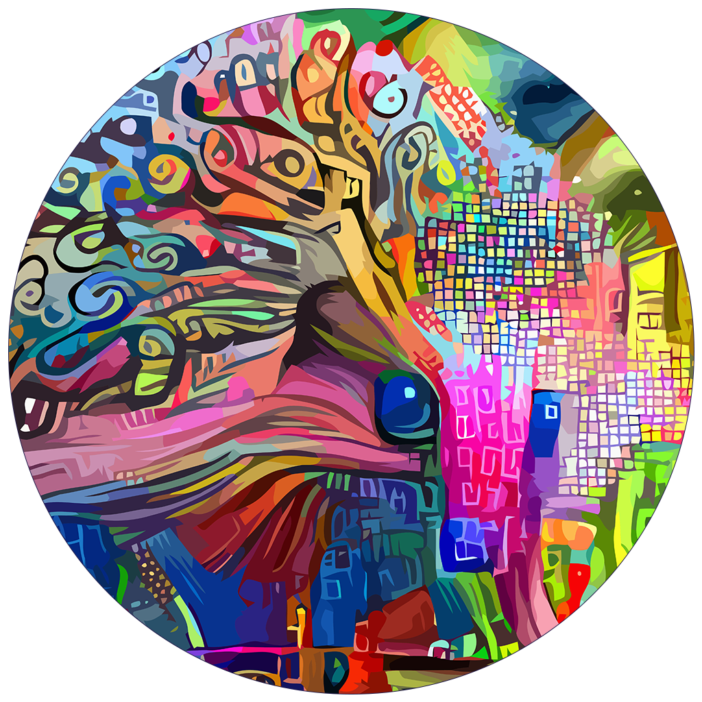 Abstract circular artwork featuring a colorful hedgehog against a swirling pattern with geometric shapes and vibrant hues.