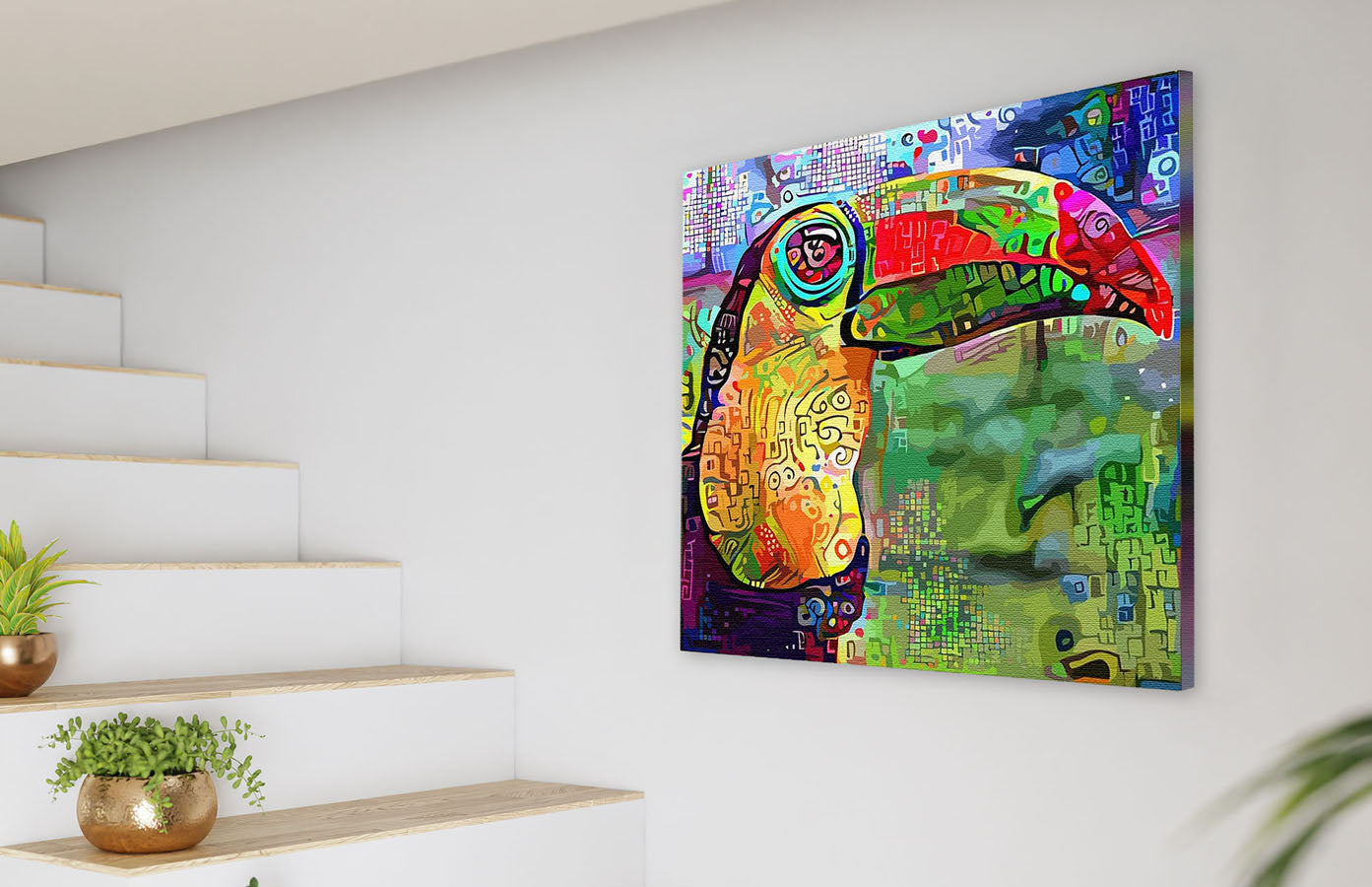 Colorful abstract painting of a toucan hanging on a white wall near wooden stairs with potted plants.