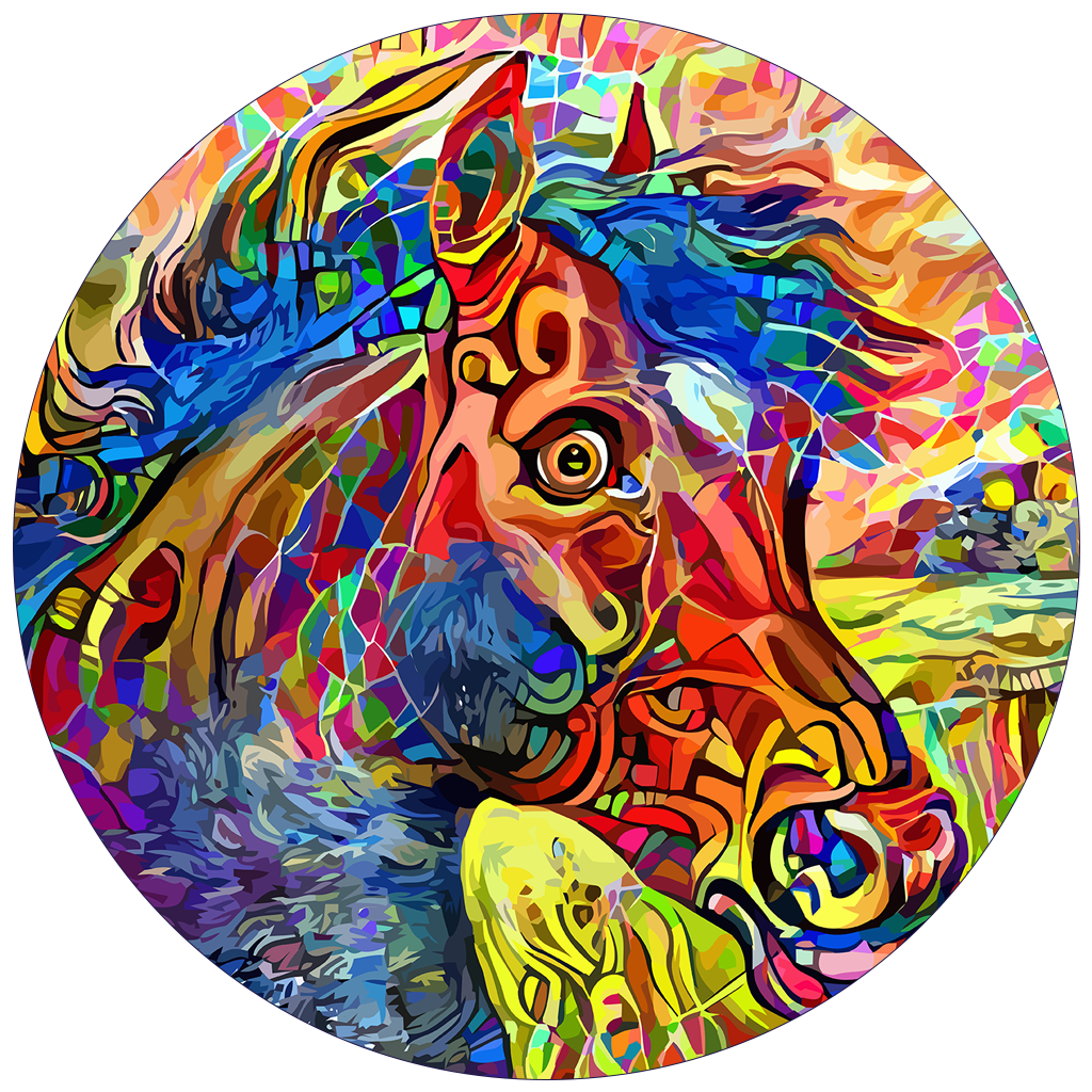 Circular abstract mosaic artwork depicting a colorful horse with flowing mane in vibrant hues and patterns