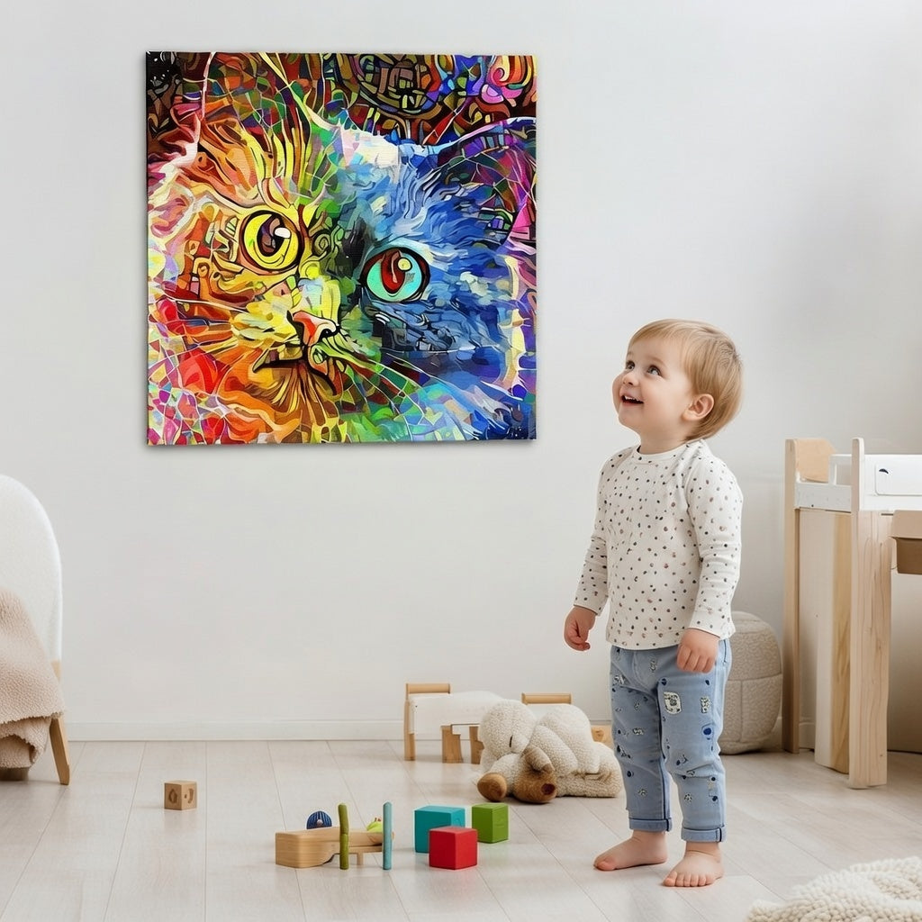 Toddler standing and looking up at colorful abstract cat painting on white wall in bright room with toys on floor